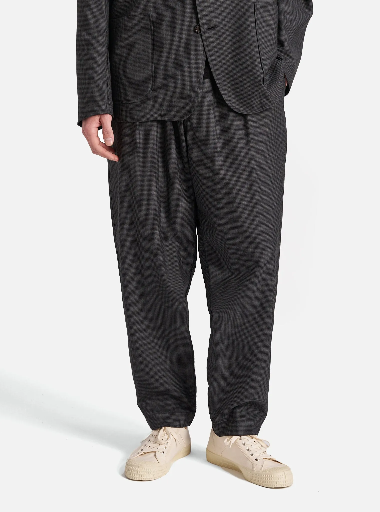 Universal Works Pleated Track Pant in Black Mini Check