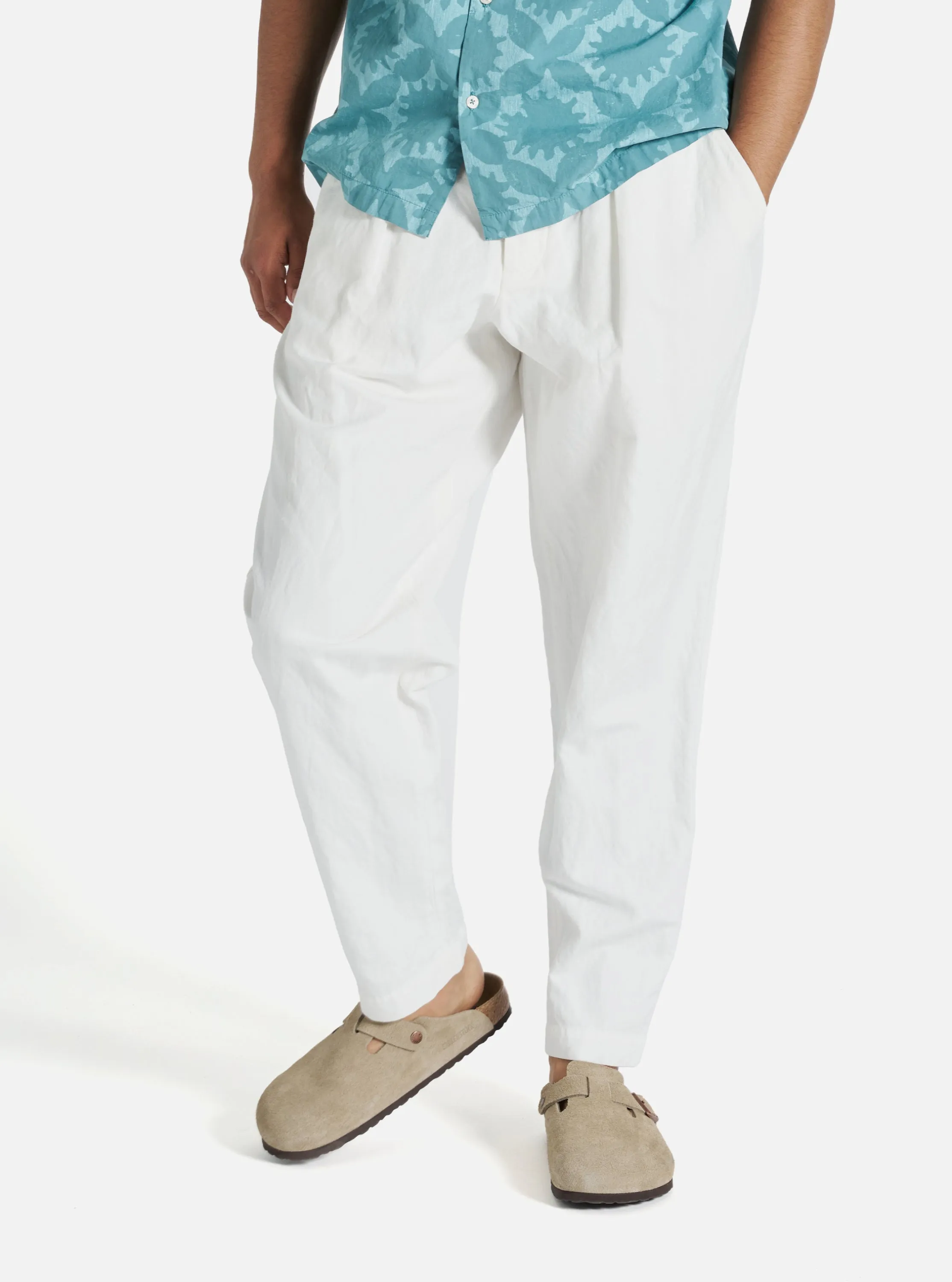 Universal Works Pleated Track Pant in Ecru Linen Slub Weave