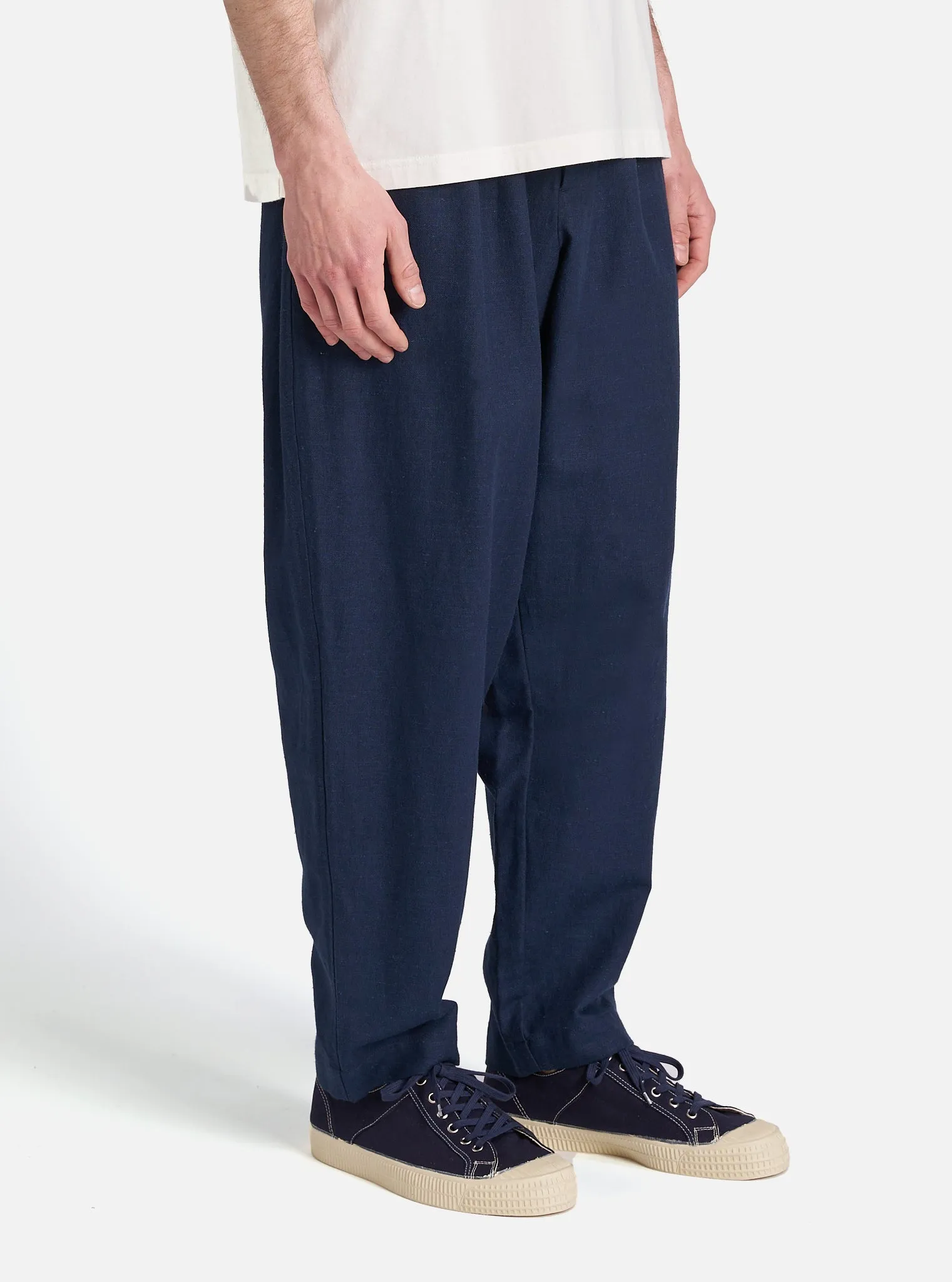 Universal Works Pleated Track Pant in Navy Lord Cotton Linen