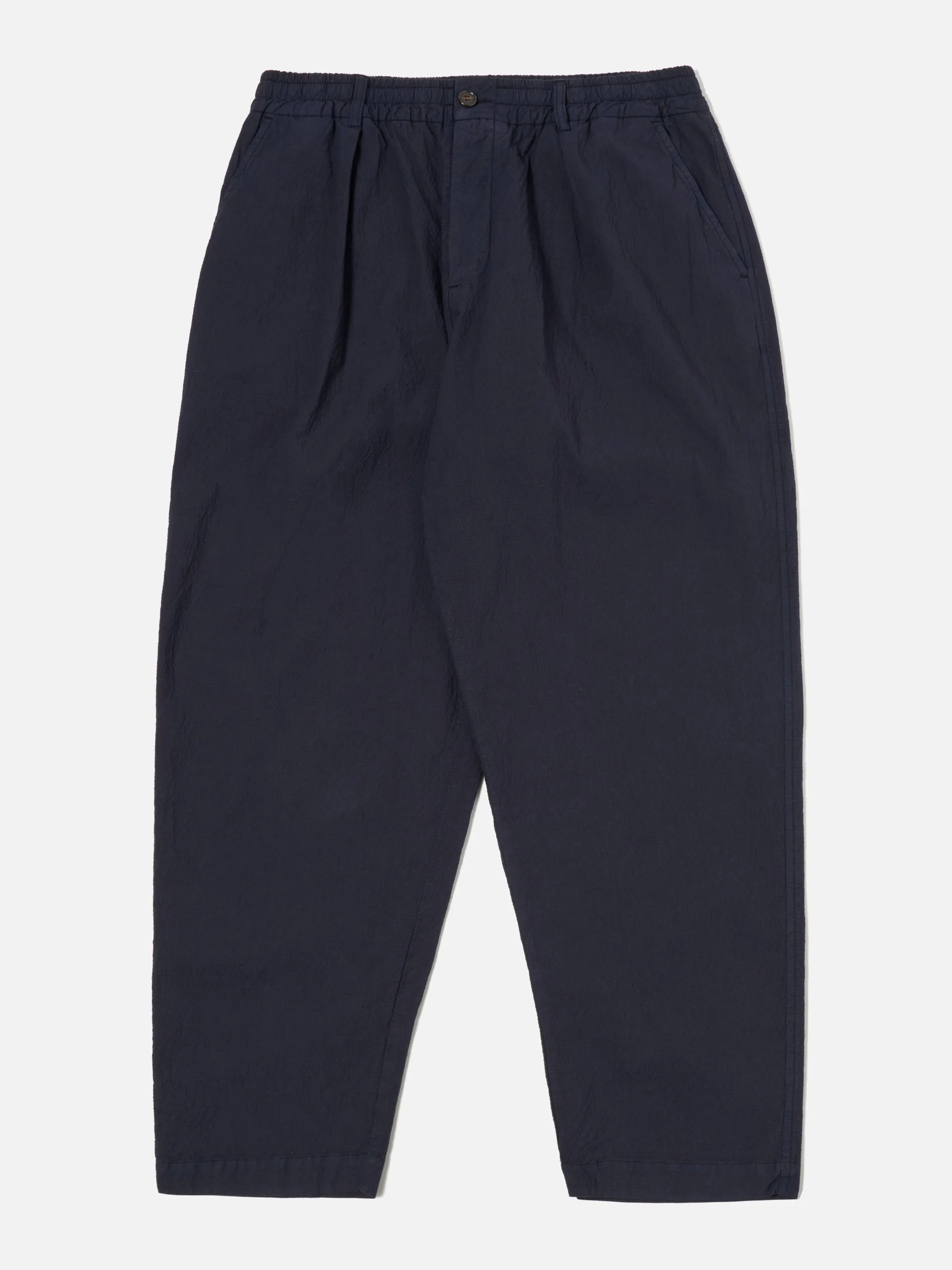 Universal Works Pleated Track Pant in Navy Seersucker II