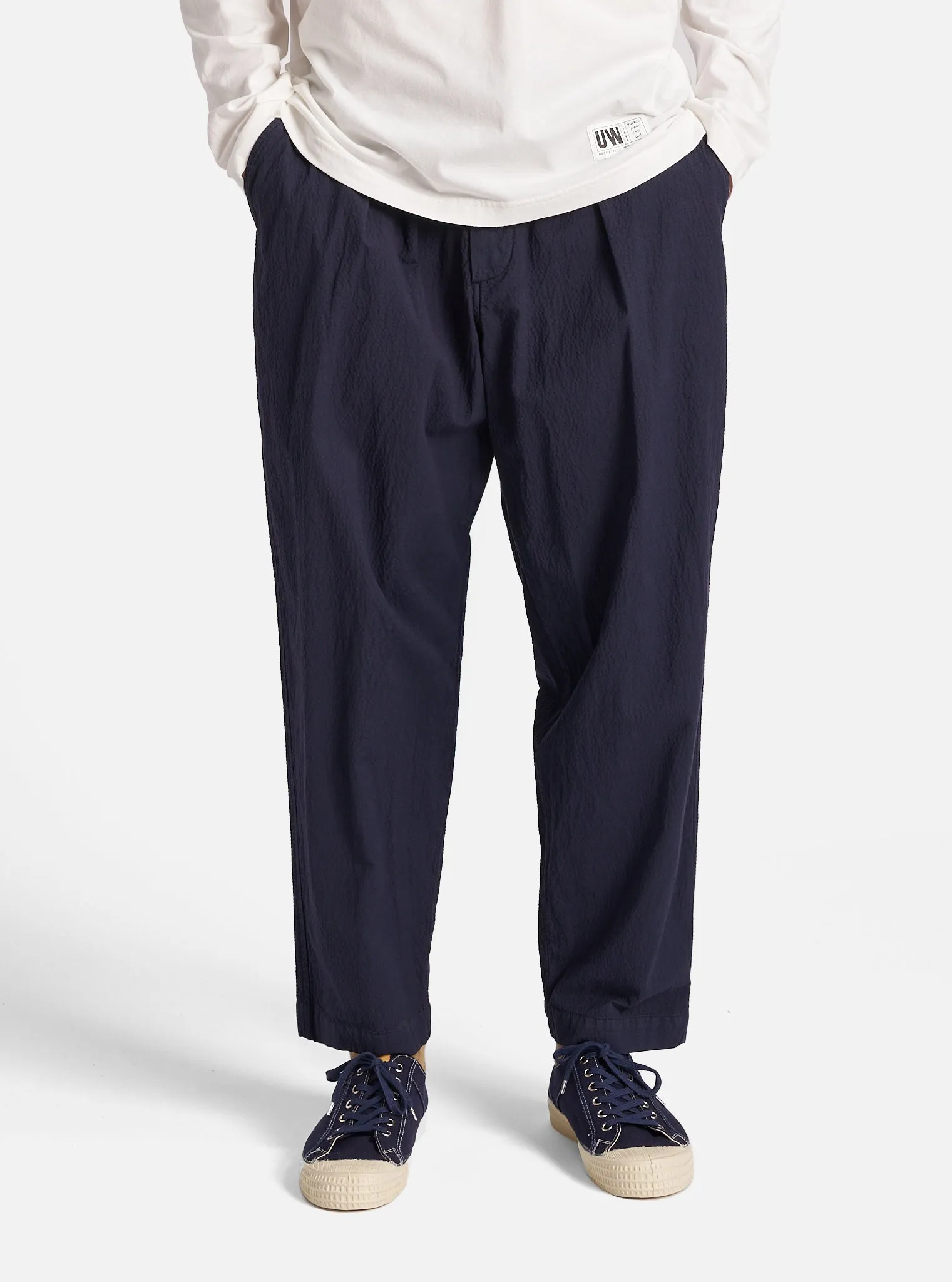 Universal Works Pleated Track Pant in Navy Seersucker II
