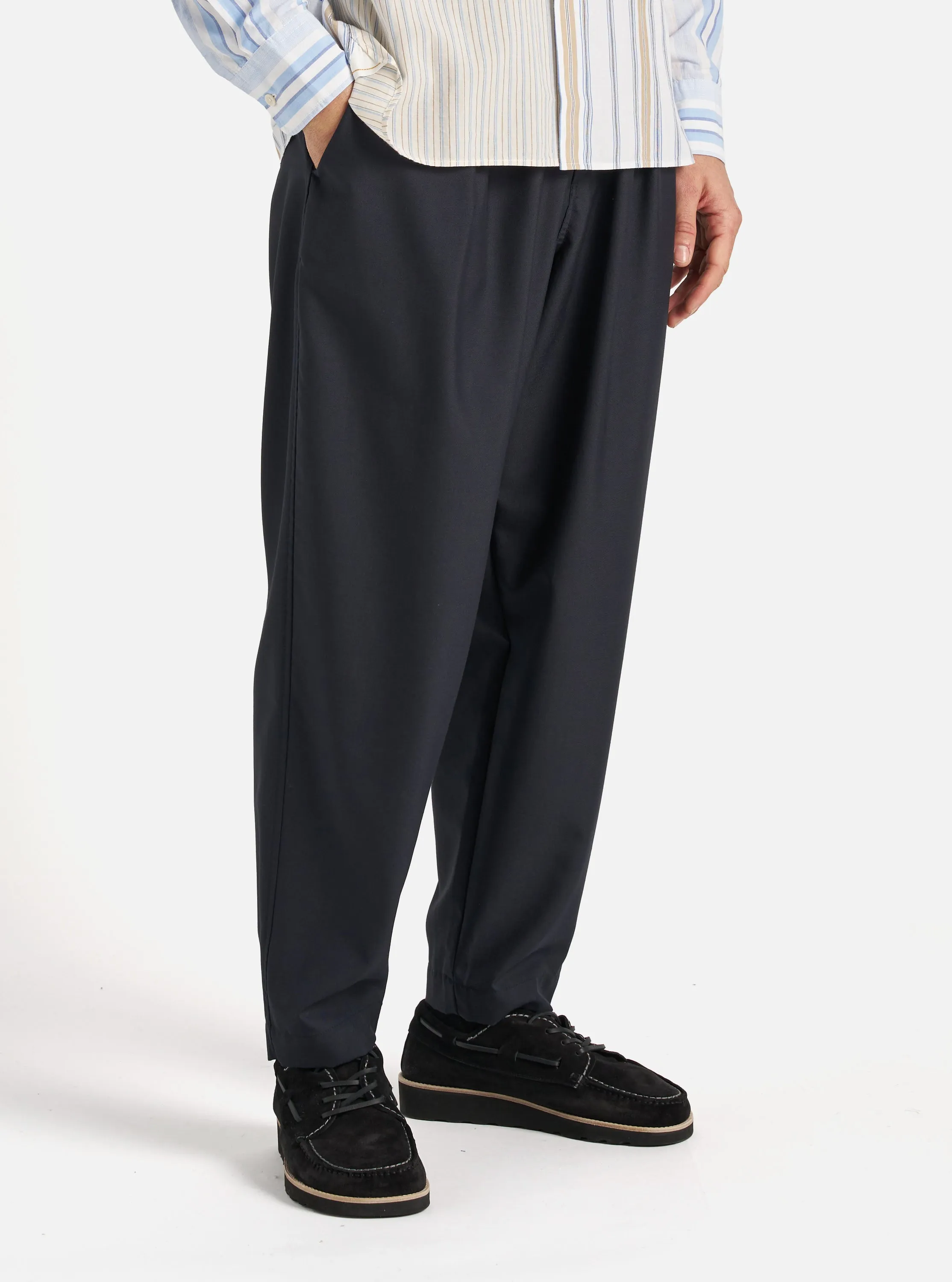 Universal Works Pleated Track Pant in Navy Tropical Suiting