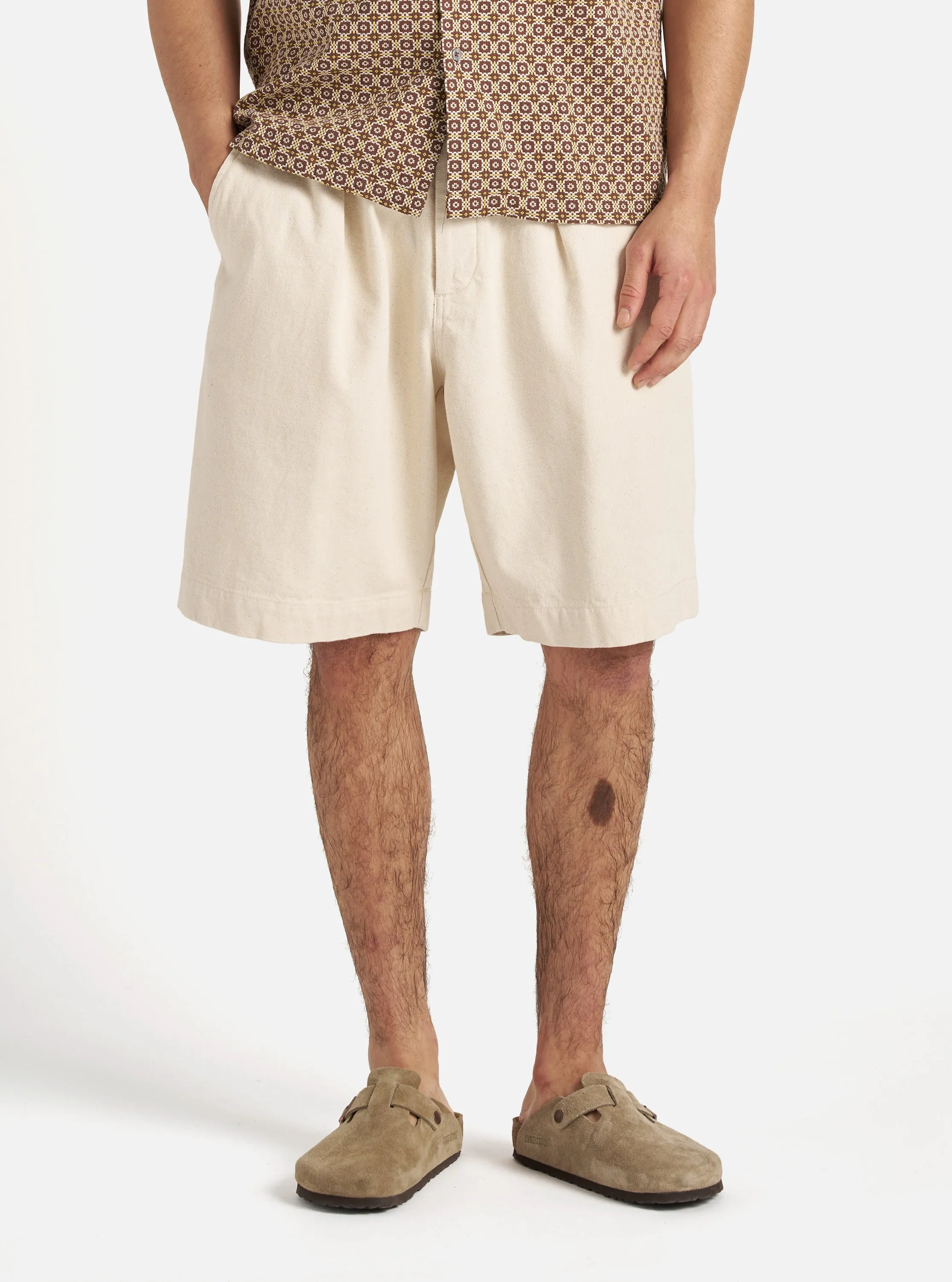 Universal Works Pleated Track Short in Ecru Recycled Cotton