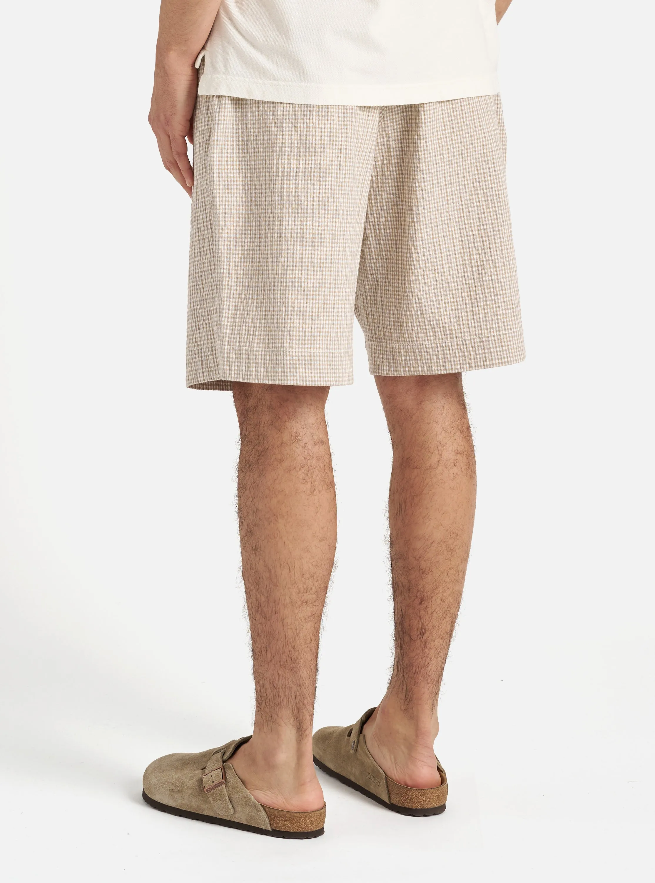 Universal Works Pleated Track Short in Ecru/Sand Ospina Check Cotton