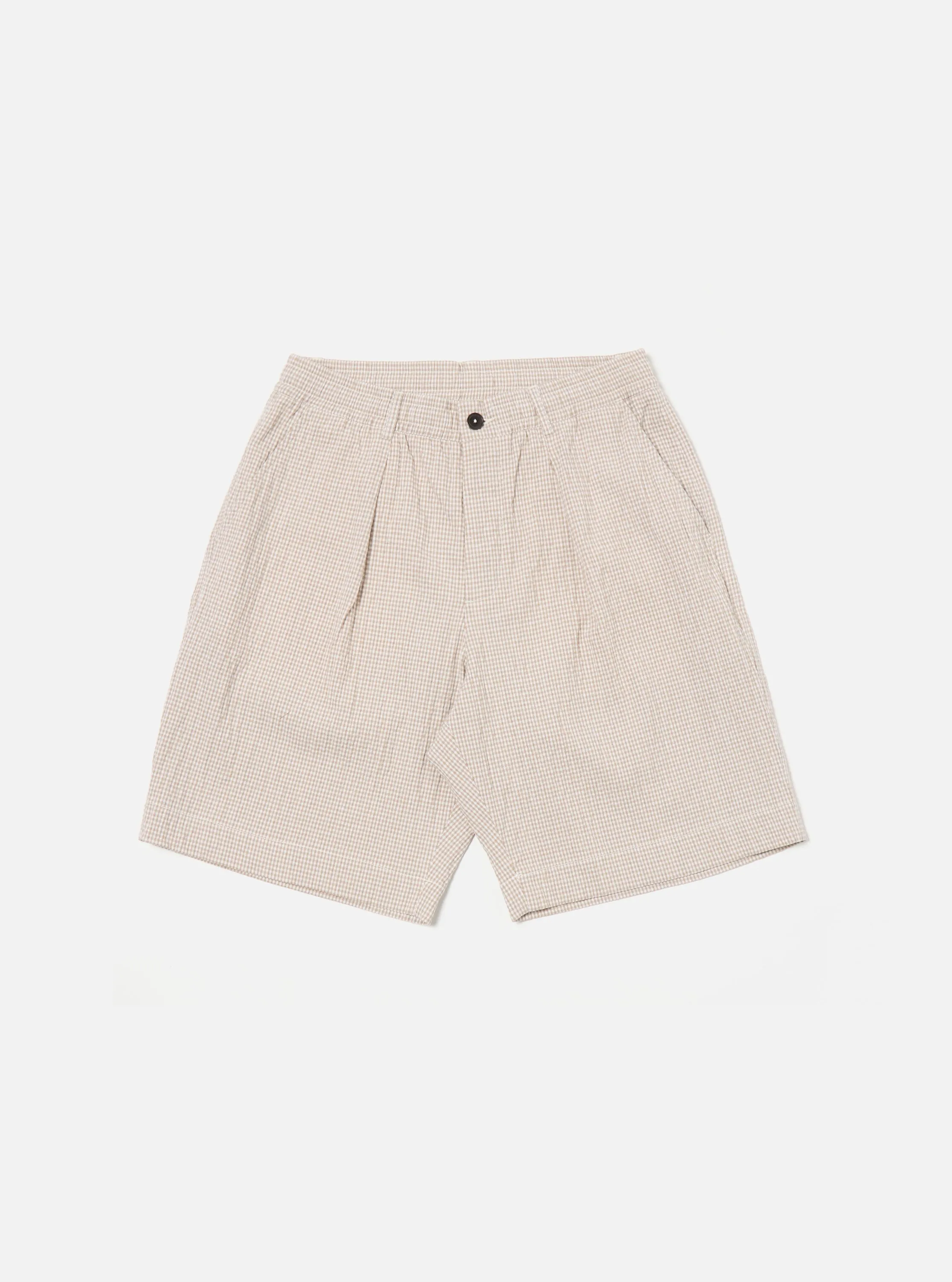 Universal Works Pleated Track Short in Ecru/Sand Ospina Check Cotton