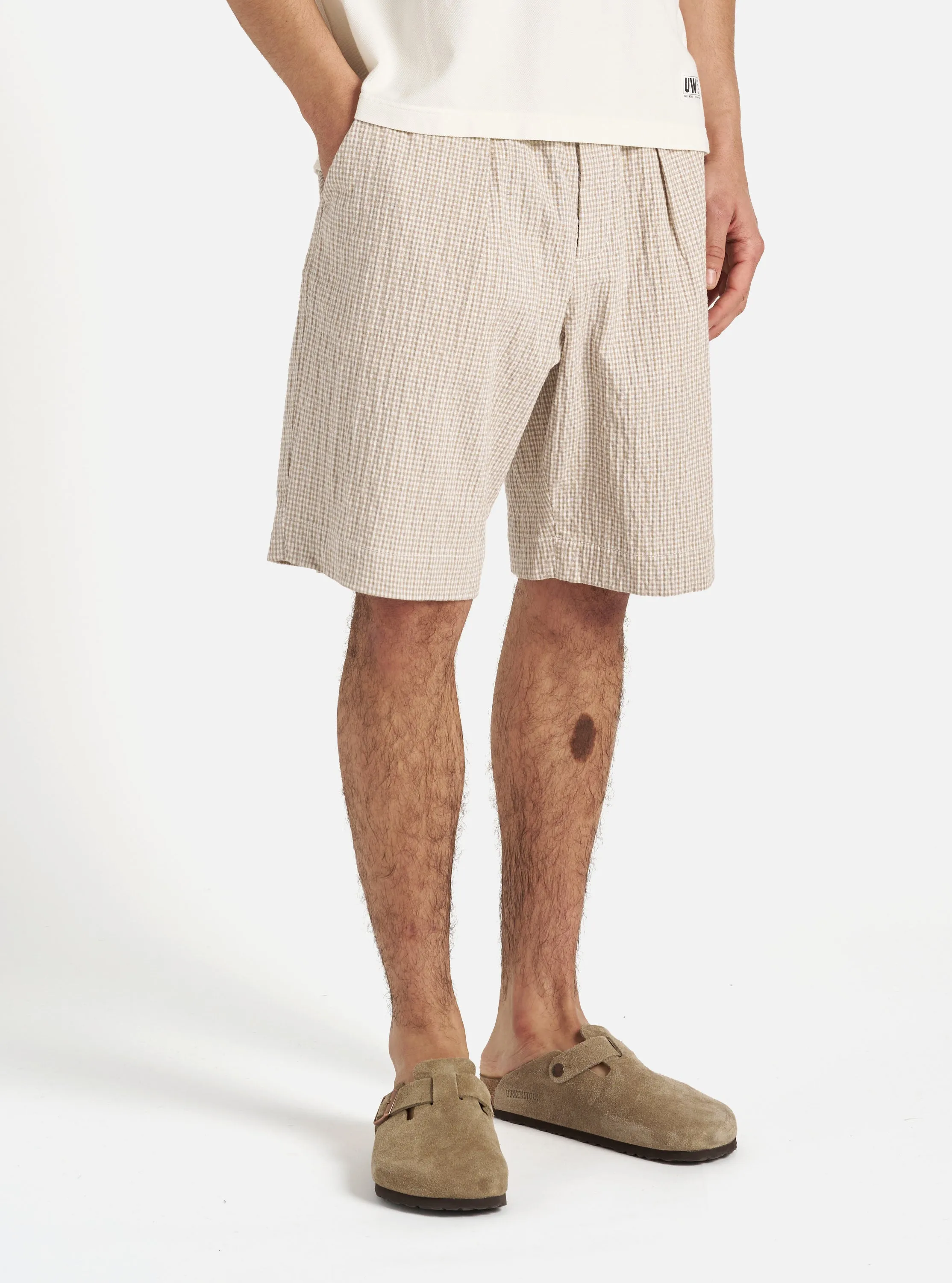 Universal Works Pleated Track Short in Ecru/Sand Ospina Check Cotton
