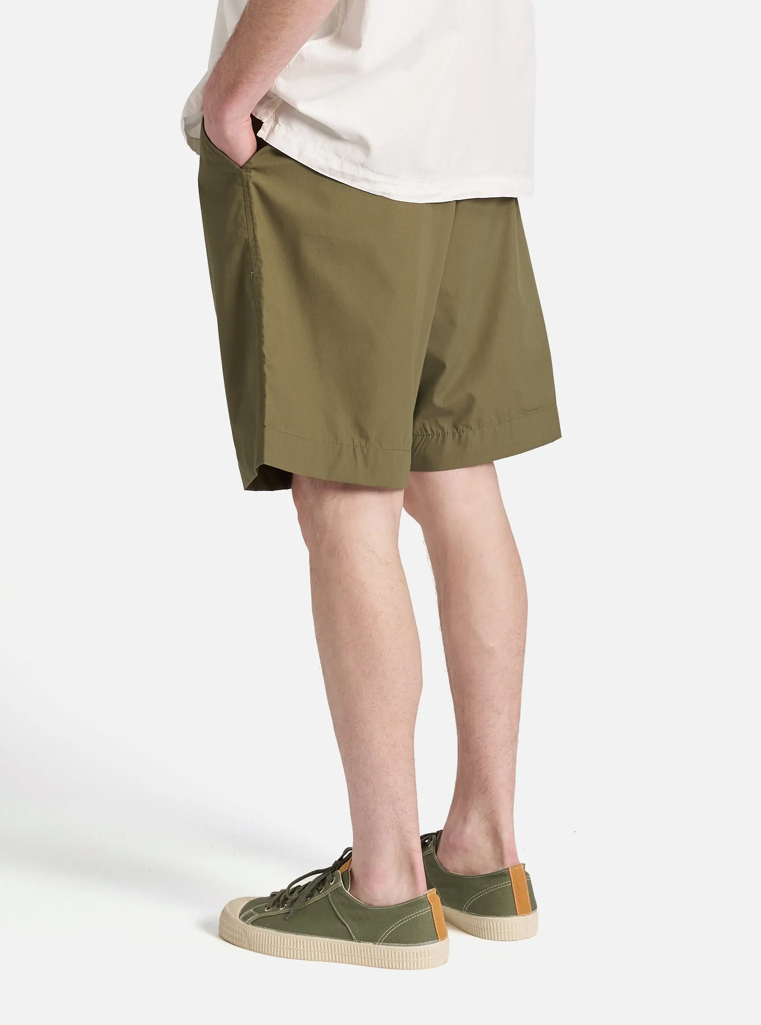 Universal Works Pleated Track Short in Olive Recycled Polytech