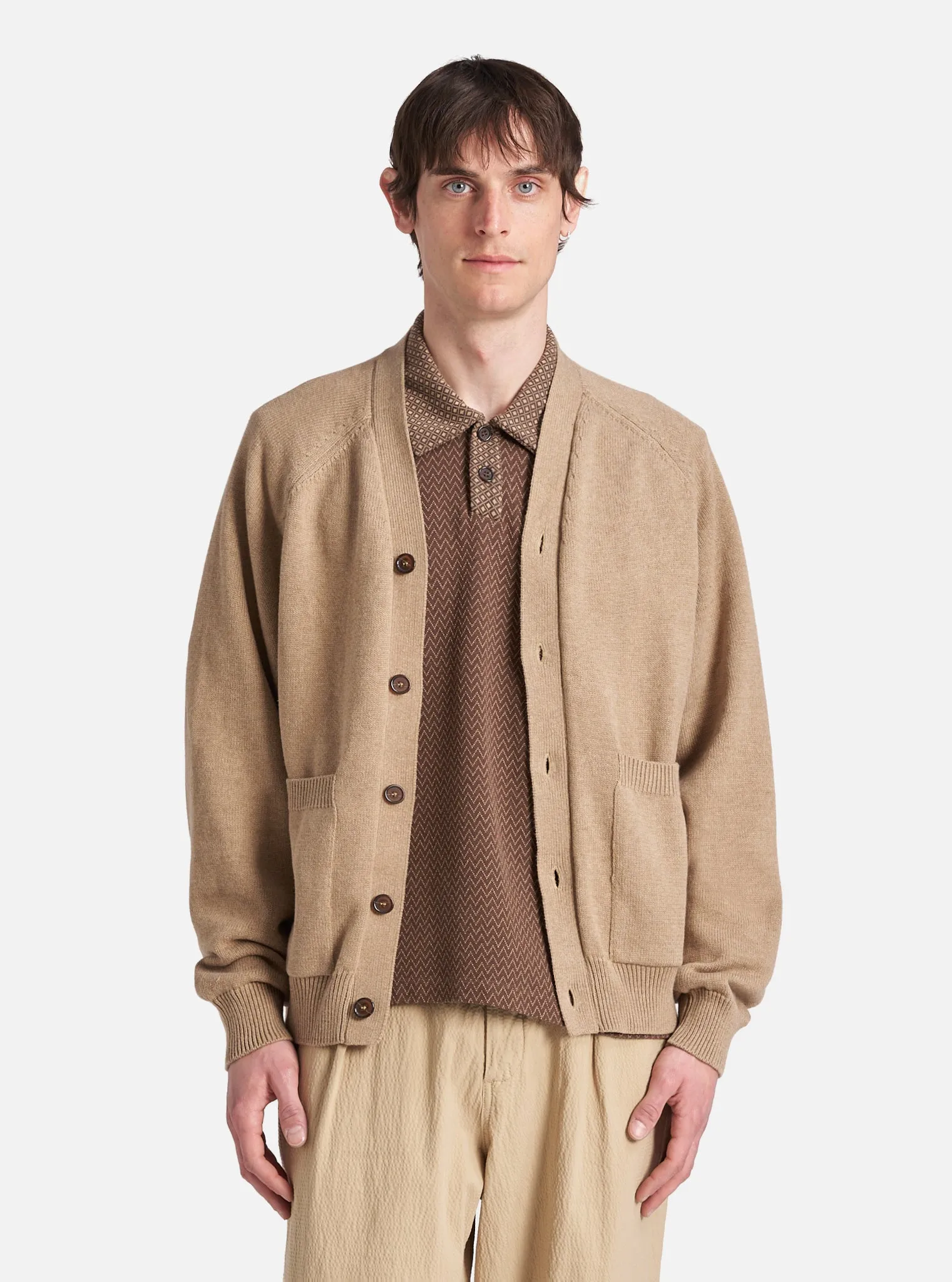 Universal Works Pocket David Cardigan in Sand Cotton Knit