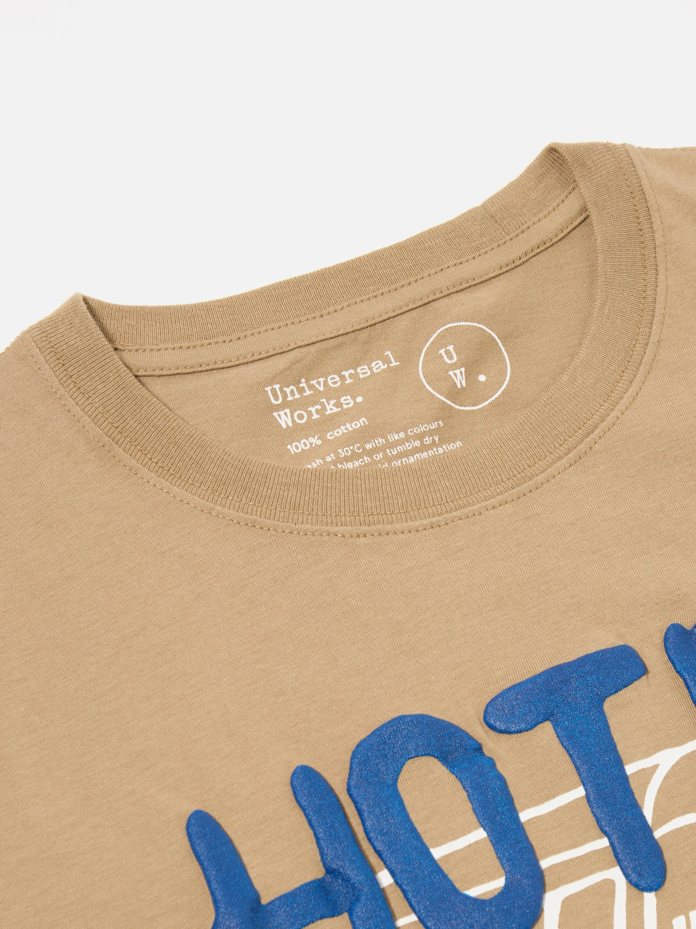 Universal Works Print Tee in Sand 'Hotel Deluxe' Single Jersey