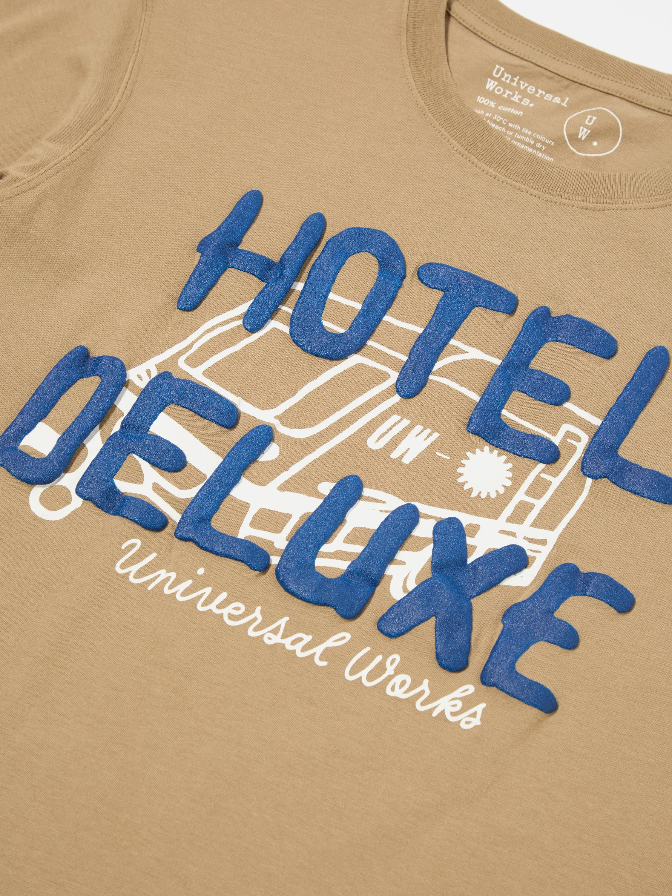 Universal Works Print Tee in Sand 'Hotel Deluxe' Single Jersey