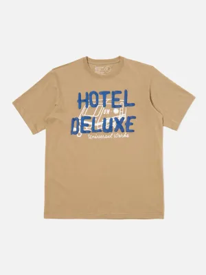 Universal Works Print Tee in Sand 'Hotel Deluxe' Single Jersey
