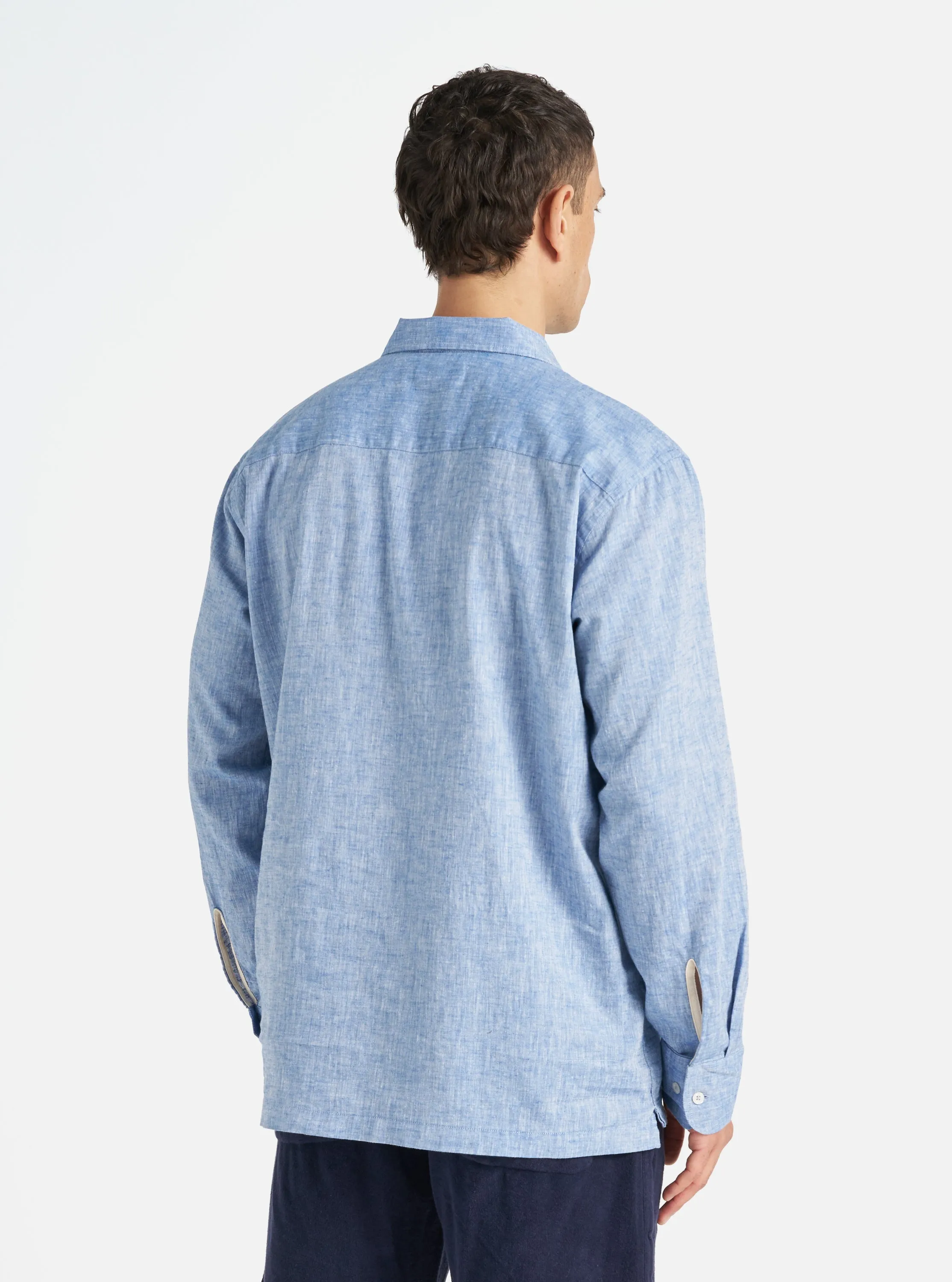 Universal Works Pullover LS Shirt in Blue Slub Linen Mix