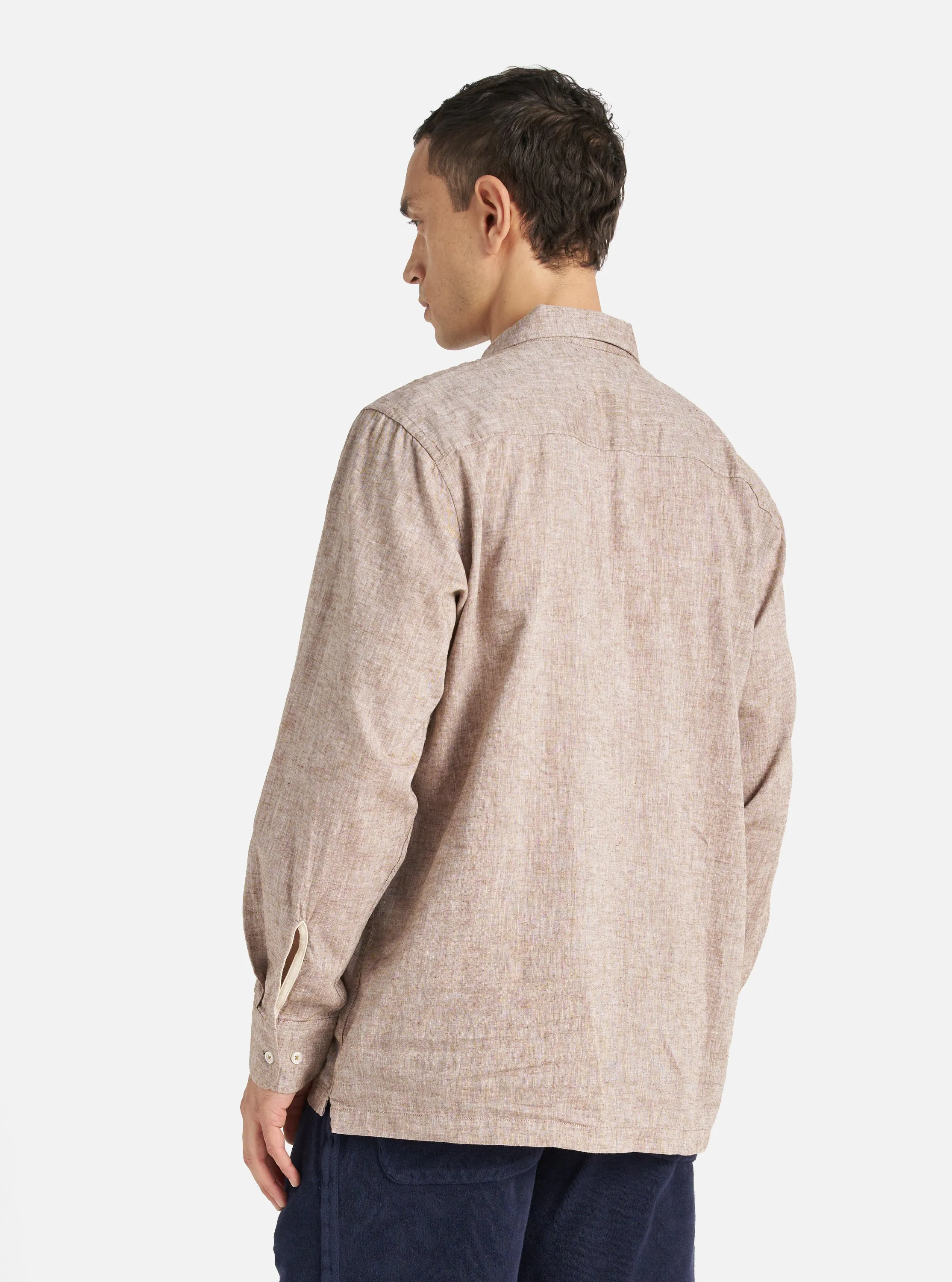 Universal Works Pullover LS Shirt in Brown Slub Linen Mix