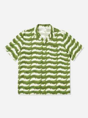 Universal Works Road Shirt in Green Geo Wave Print Cotton