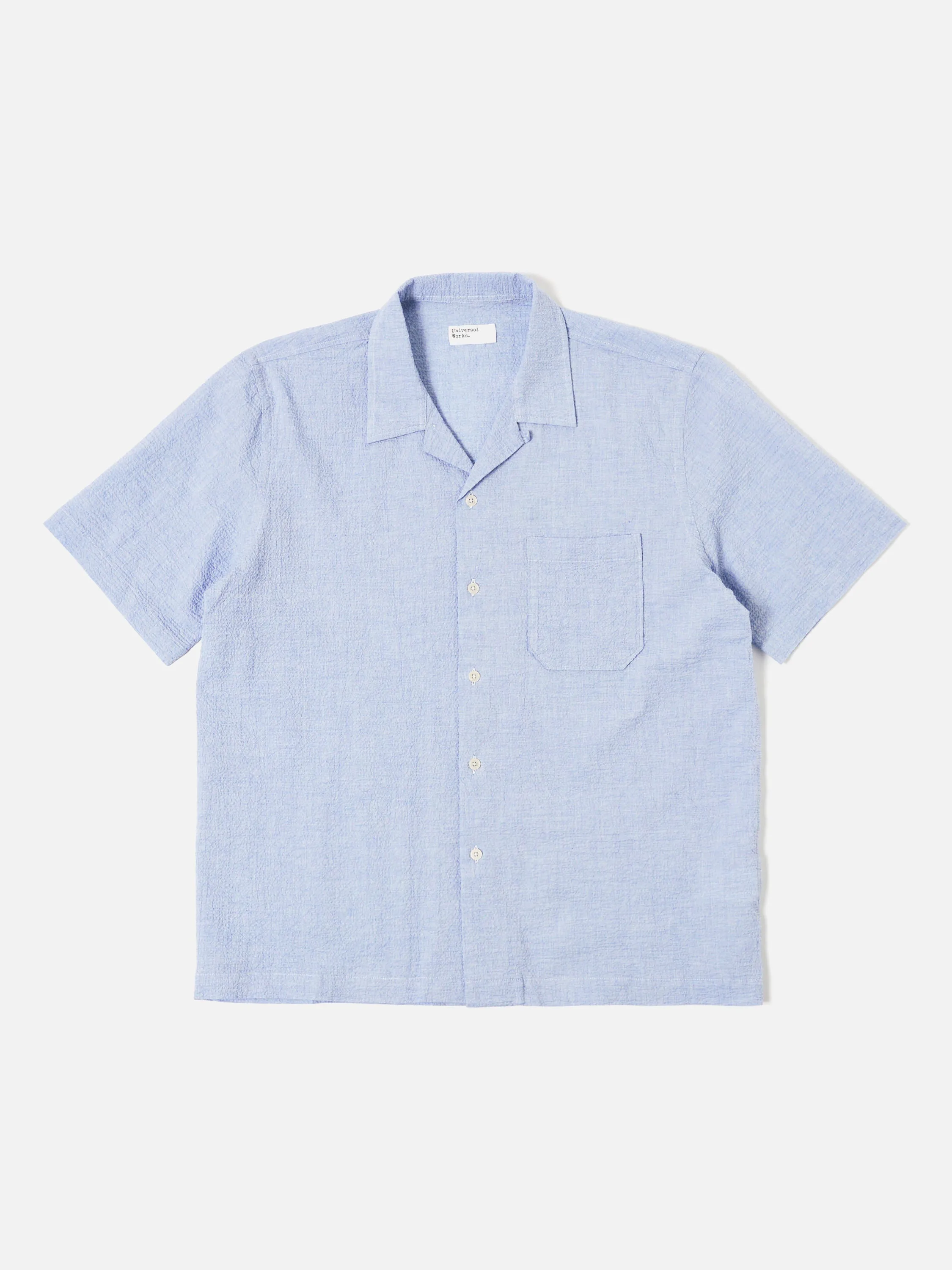 Universal Works Road Shirt in Pale Blue Seersucker