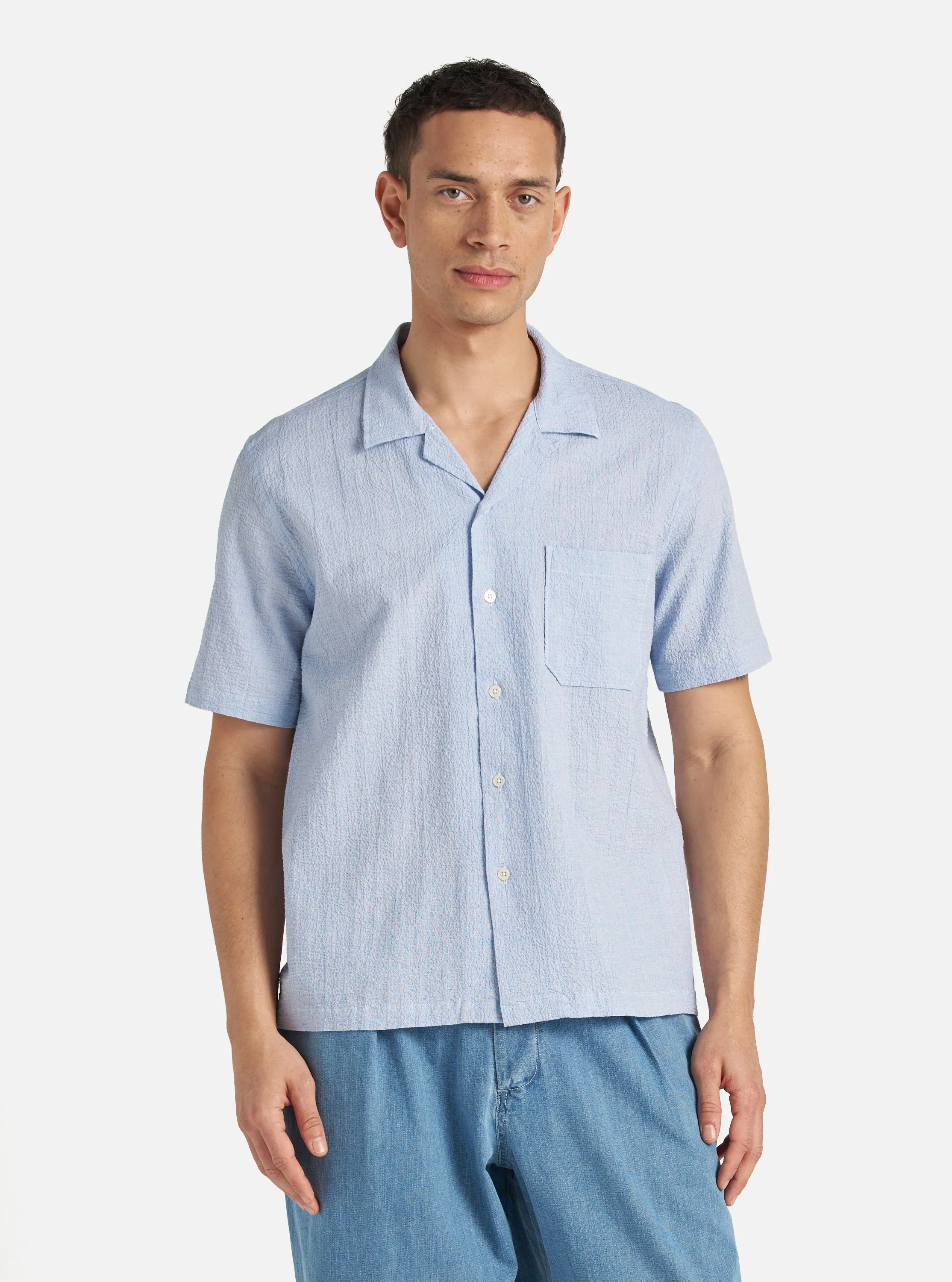 Universal Works Road Shirt in Pale Blue Seersucker