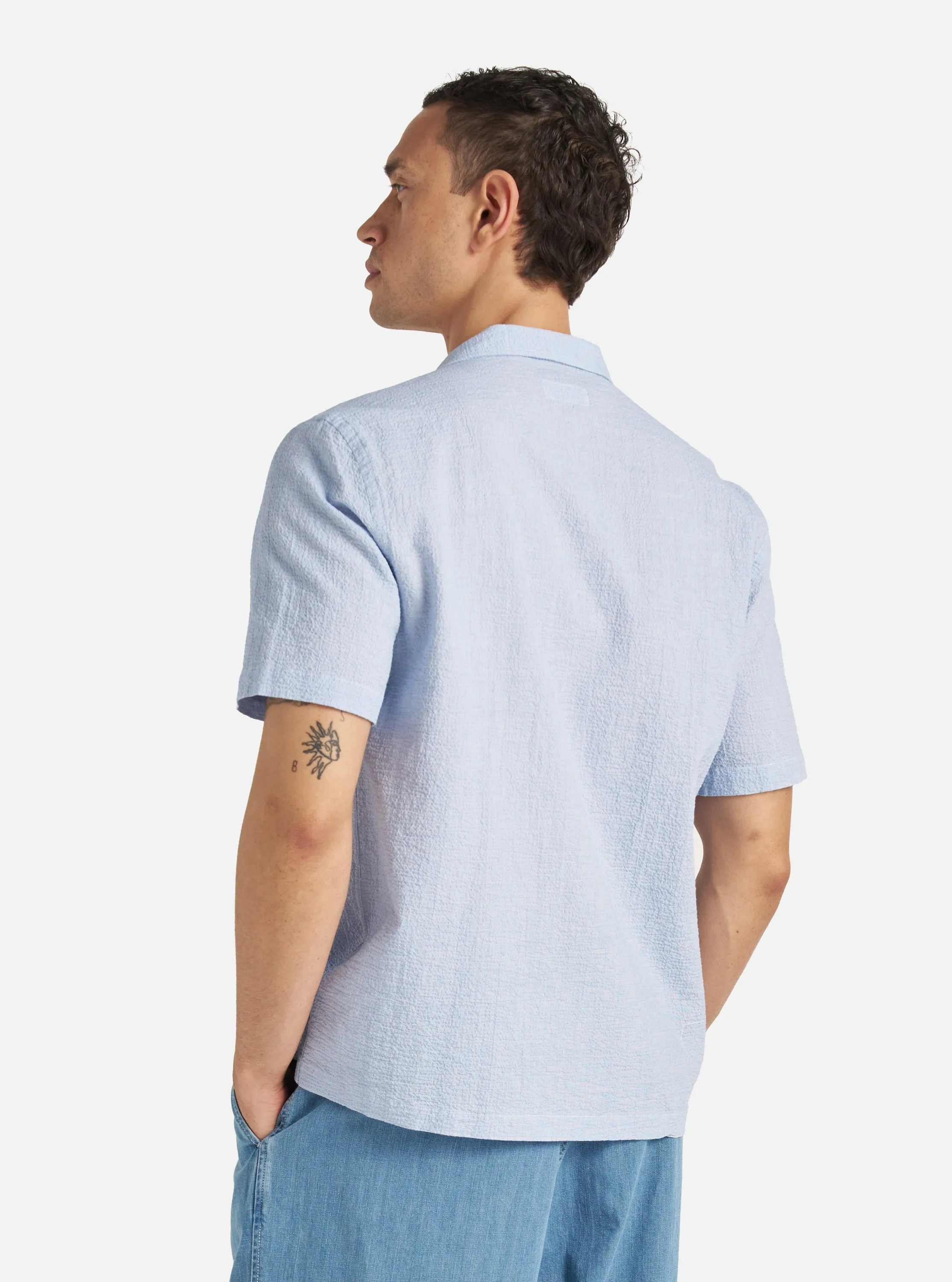 Universal Works Road Shirt in Pale Blue Seersucker