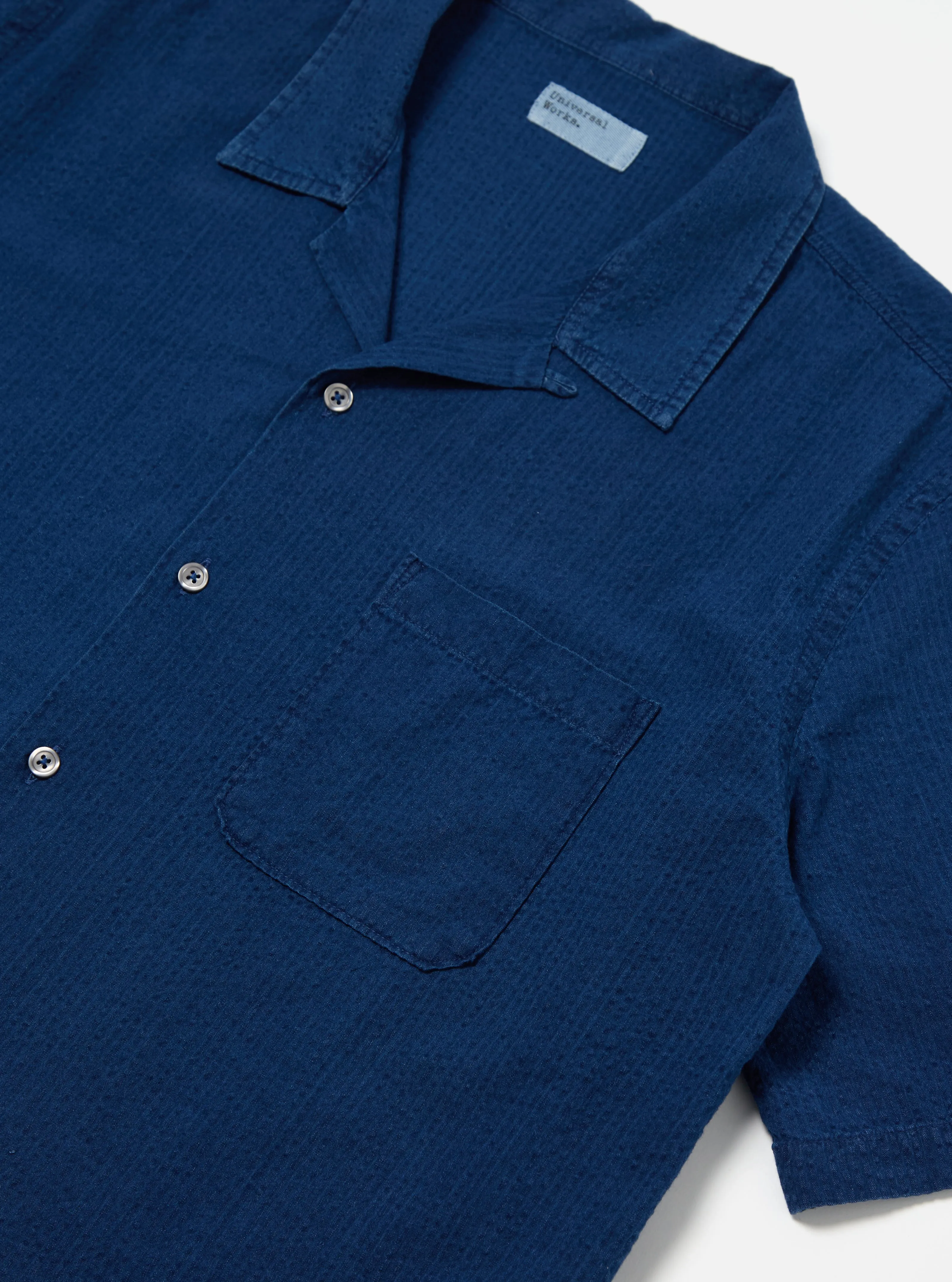 Universal Works Road Shirt in Washed Indigo Seersucker