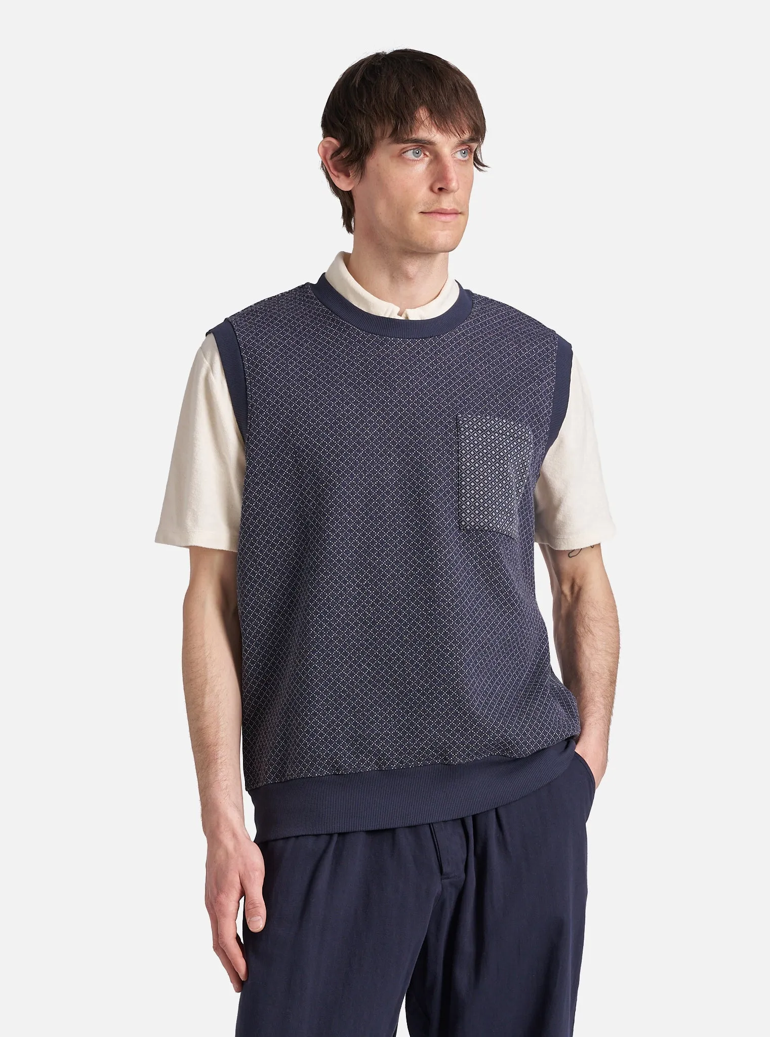 Universal Works Sleeveless Crew in Navy Cotton Mix Fleece
