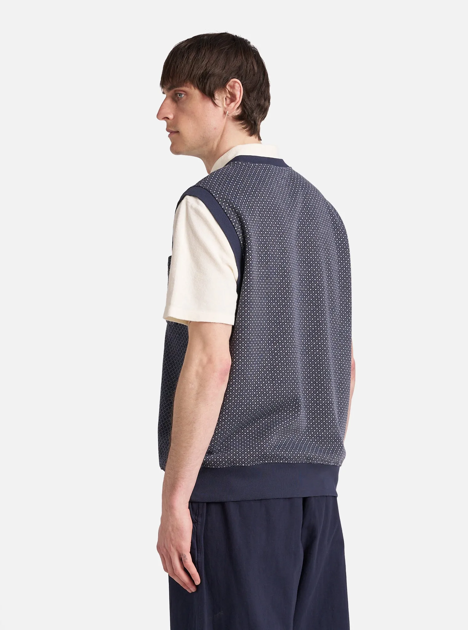 Universal Works Sleeveless Crew in Navy Cotton Mix Fleece