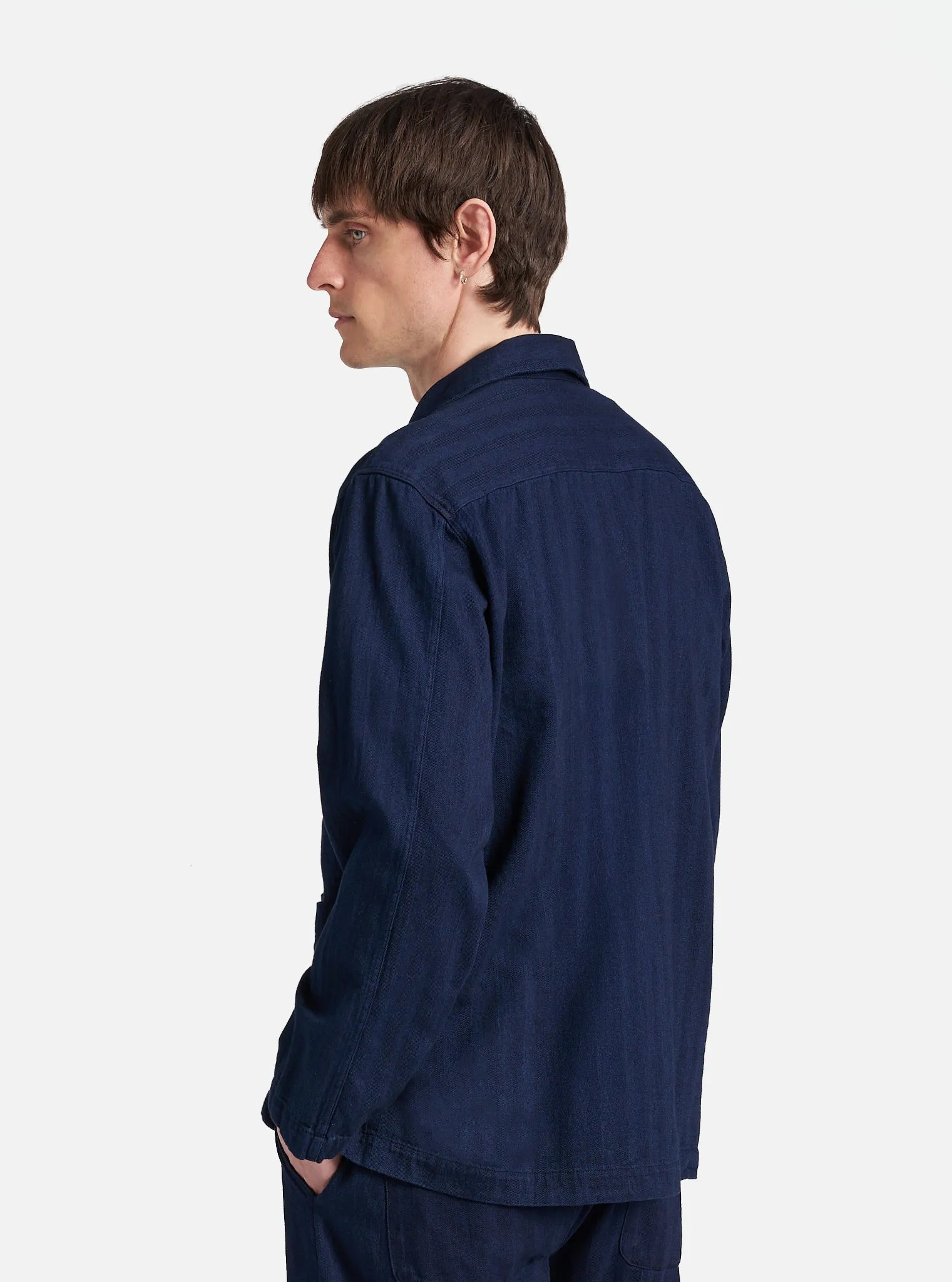 Universal Works Smock Overshirt in Indigo Herringbone Denim
