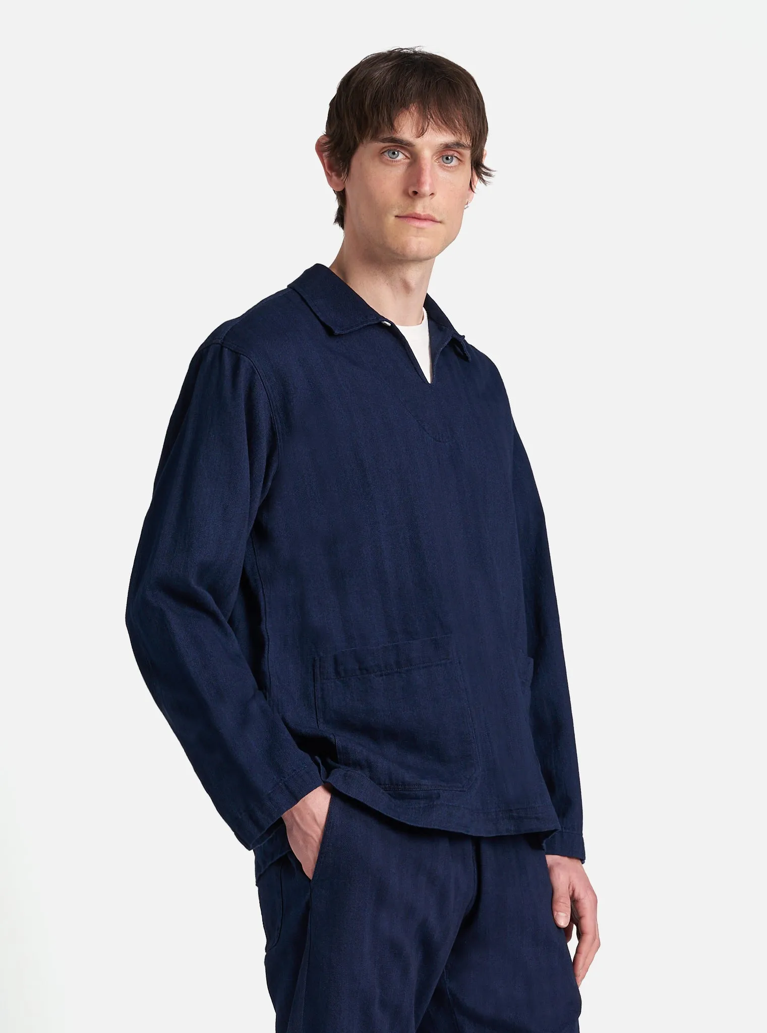 Universal Works Smock Overshirt in Indigo Herringbone Denim