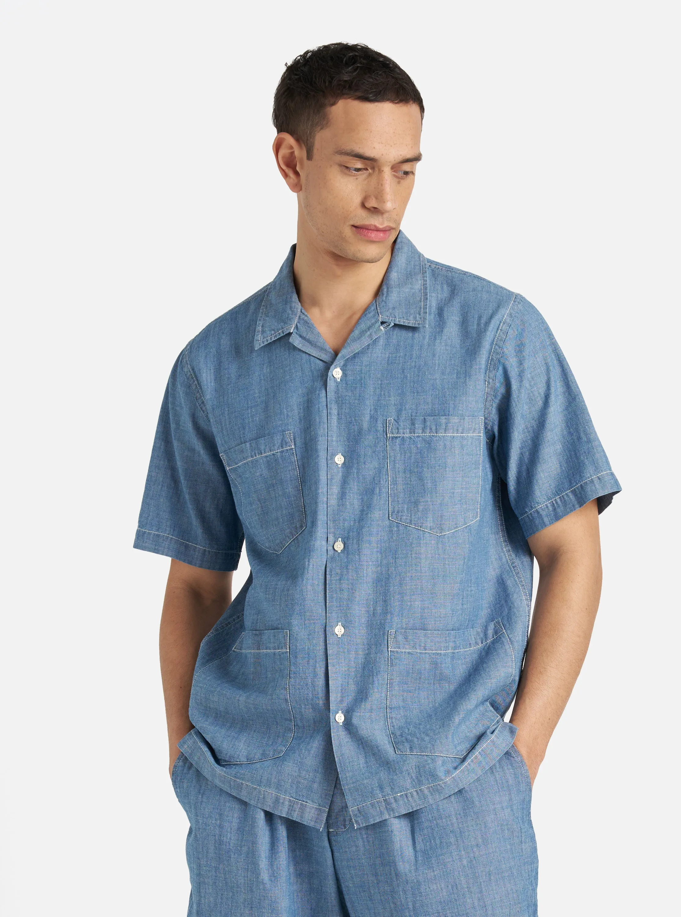 Universal Works Summer Overshirt in Washed Indigo Chambray