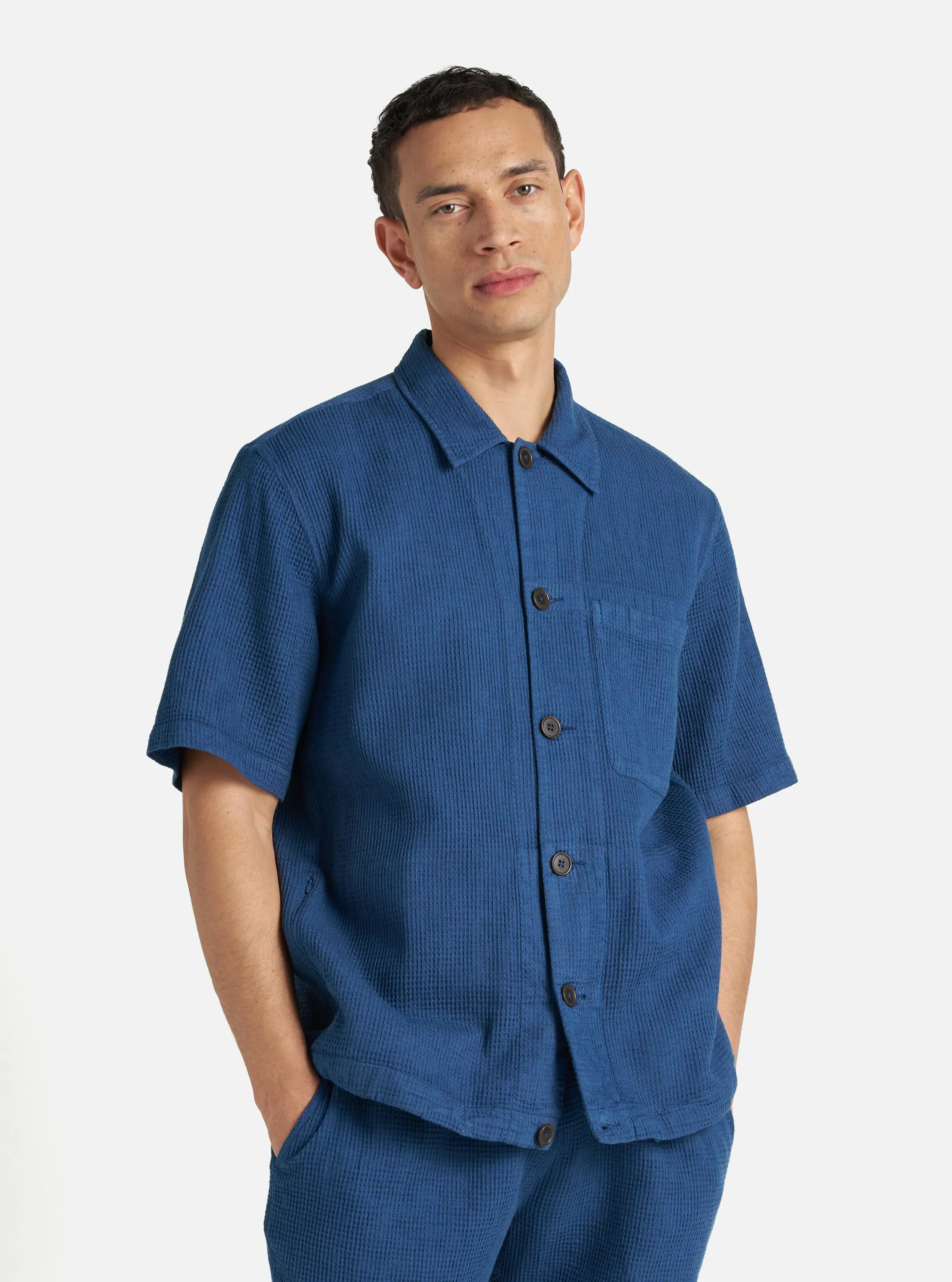 Universal Works Tech Overshirt in Navy Japanese Waffle