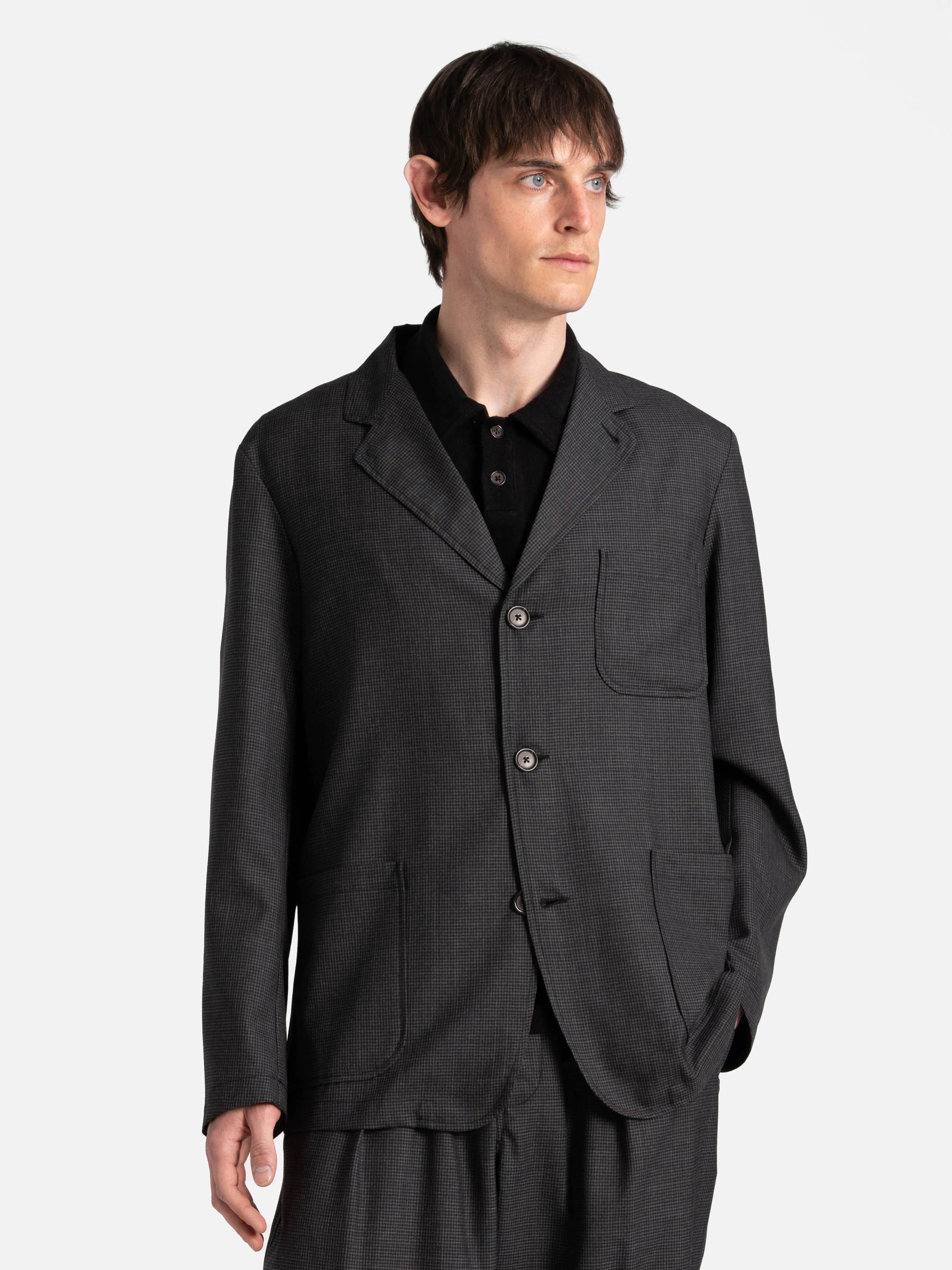 Universal Works Three Button Jacket in Black Mini Check