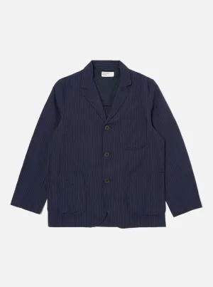 Universal Works Three Button Jacket in Navy Cotton Pinstripe