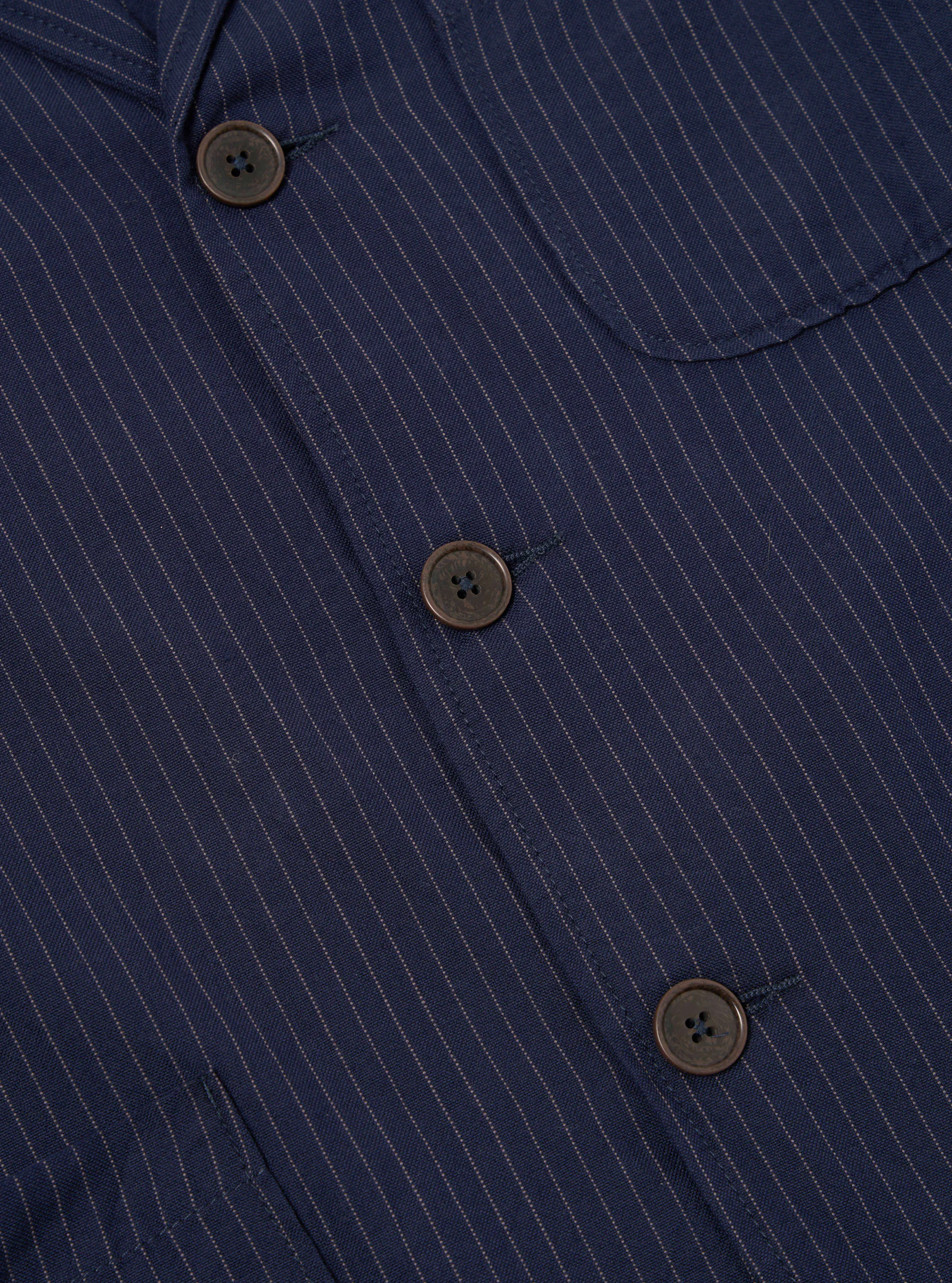 Universal Works Three Button Jacket in Navy Cotton Pinstripe