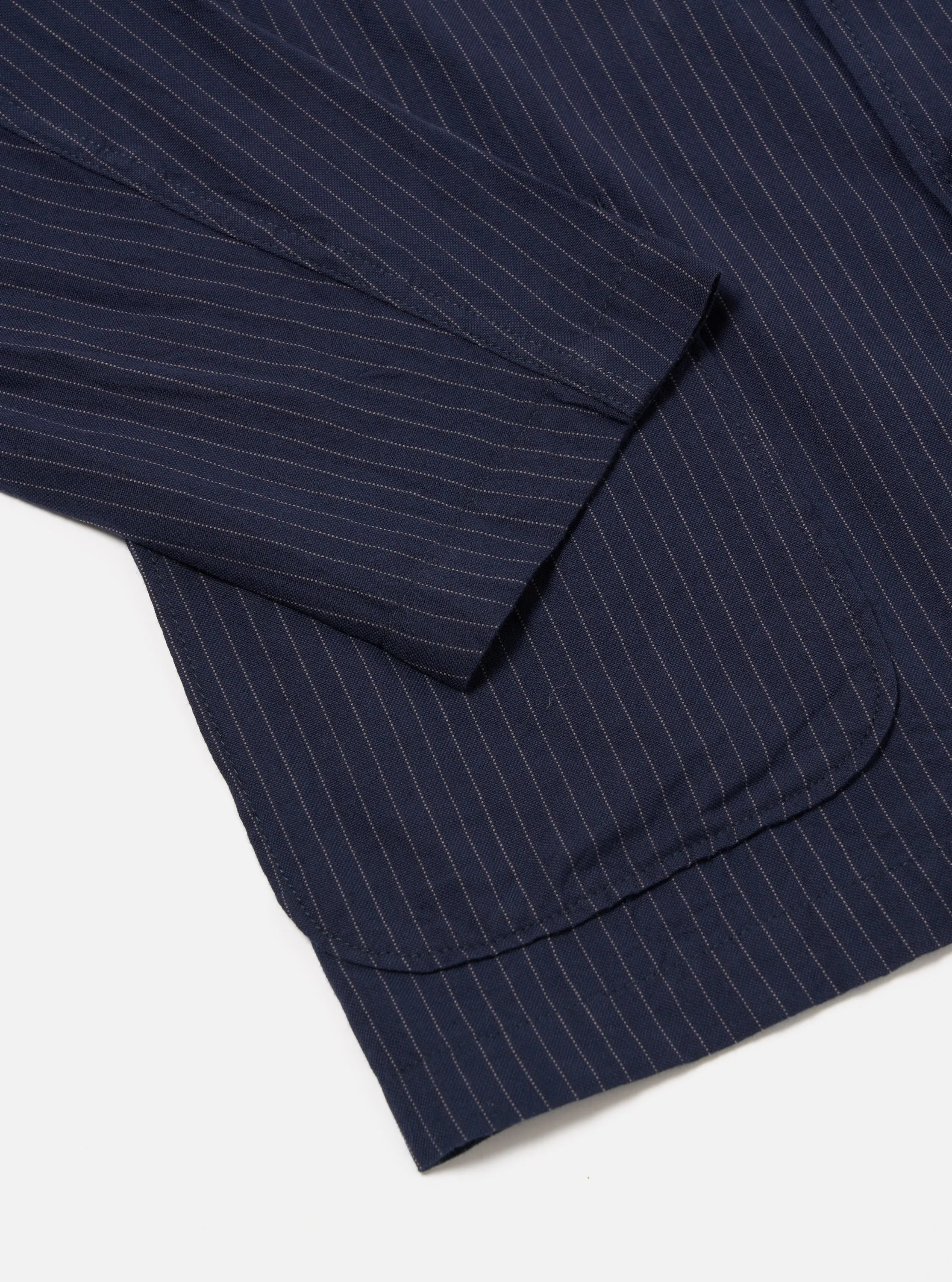 Universal Works Three Button Jacket in Navy Cotton Pinstripe