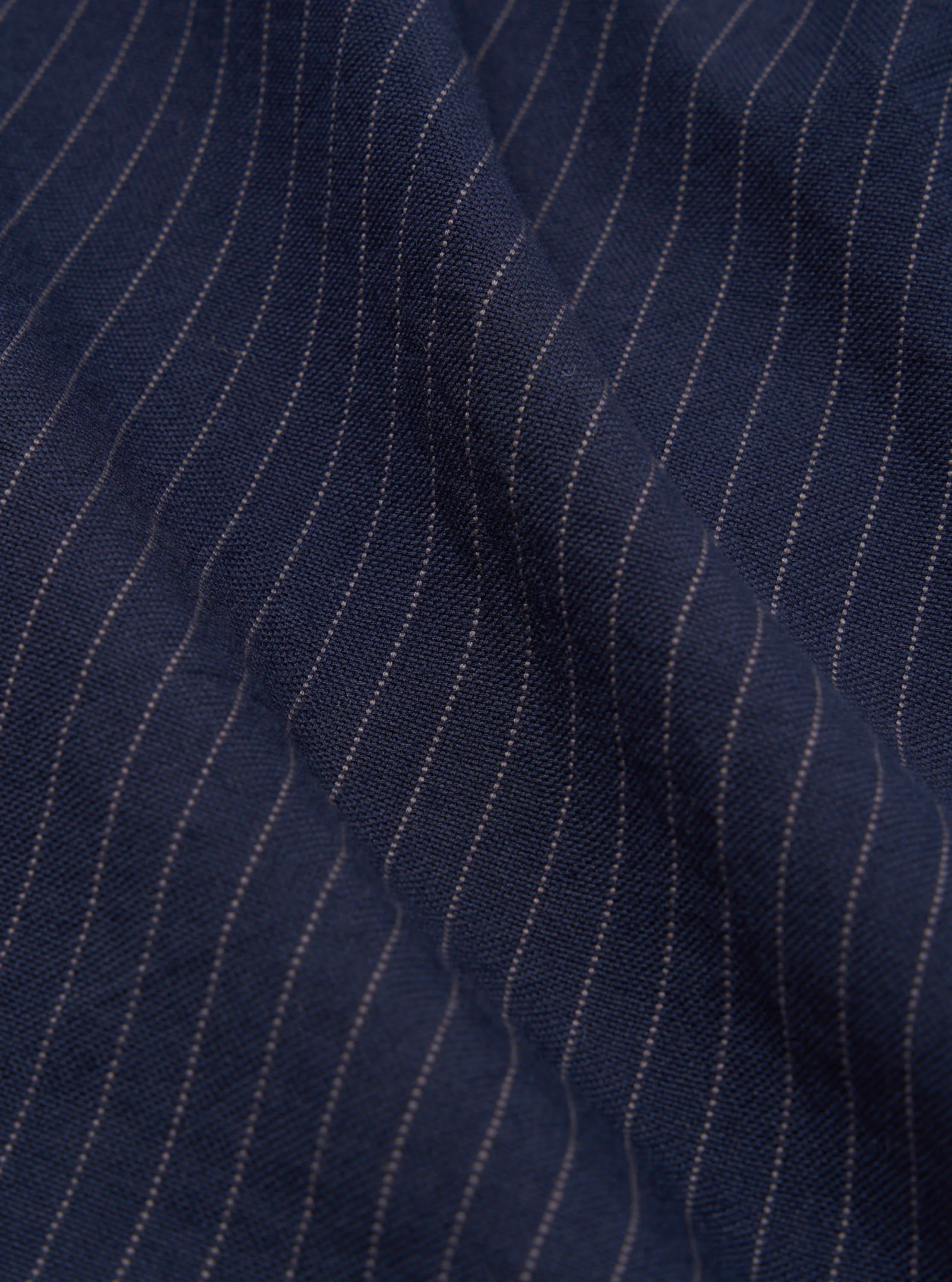 Universal Works Three Button Jacket in Navy Cotton Pinstripe