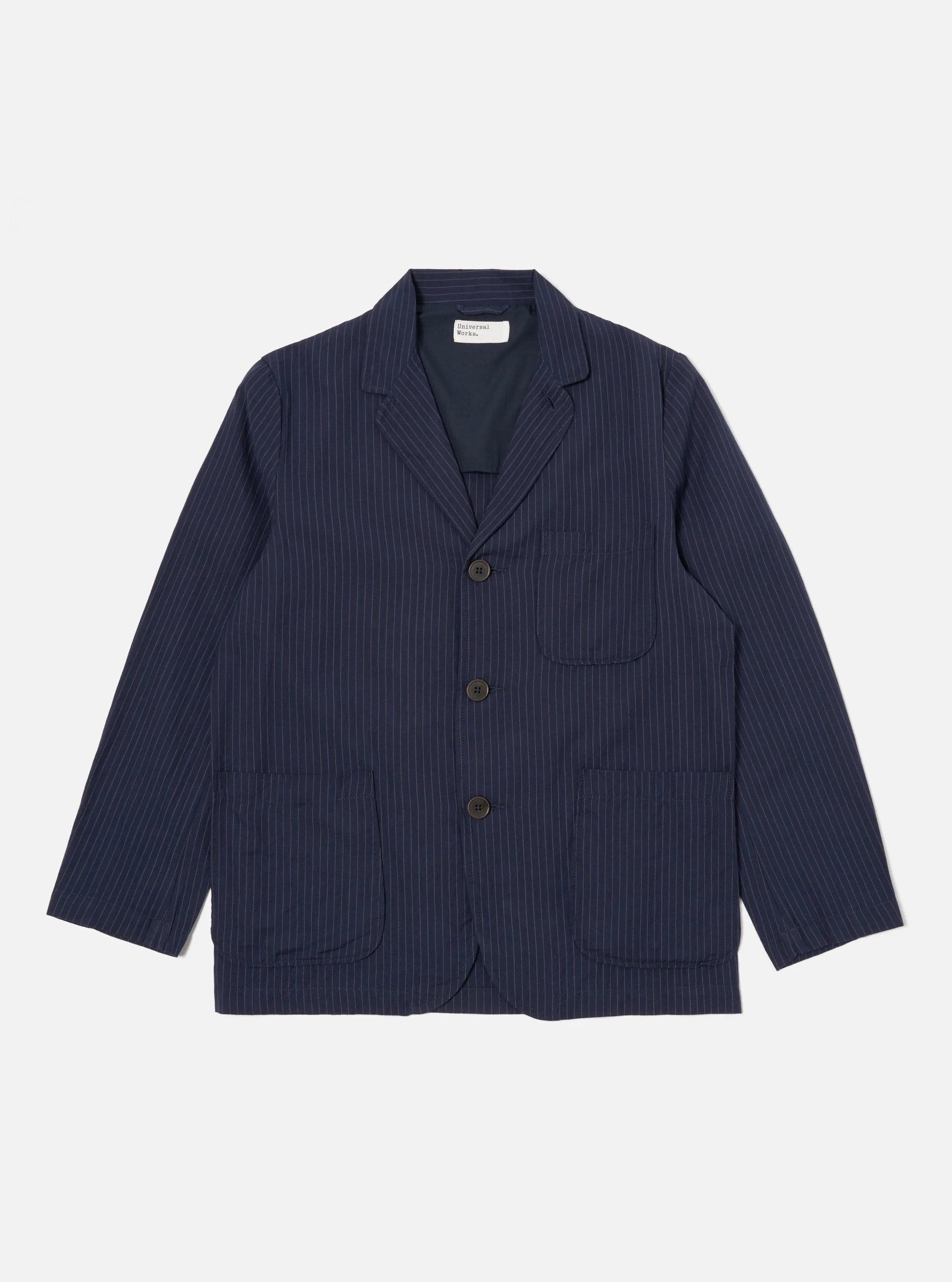 Universal Works Three Button Jacket in Navy Cotton Pinstripe