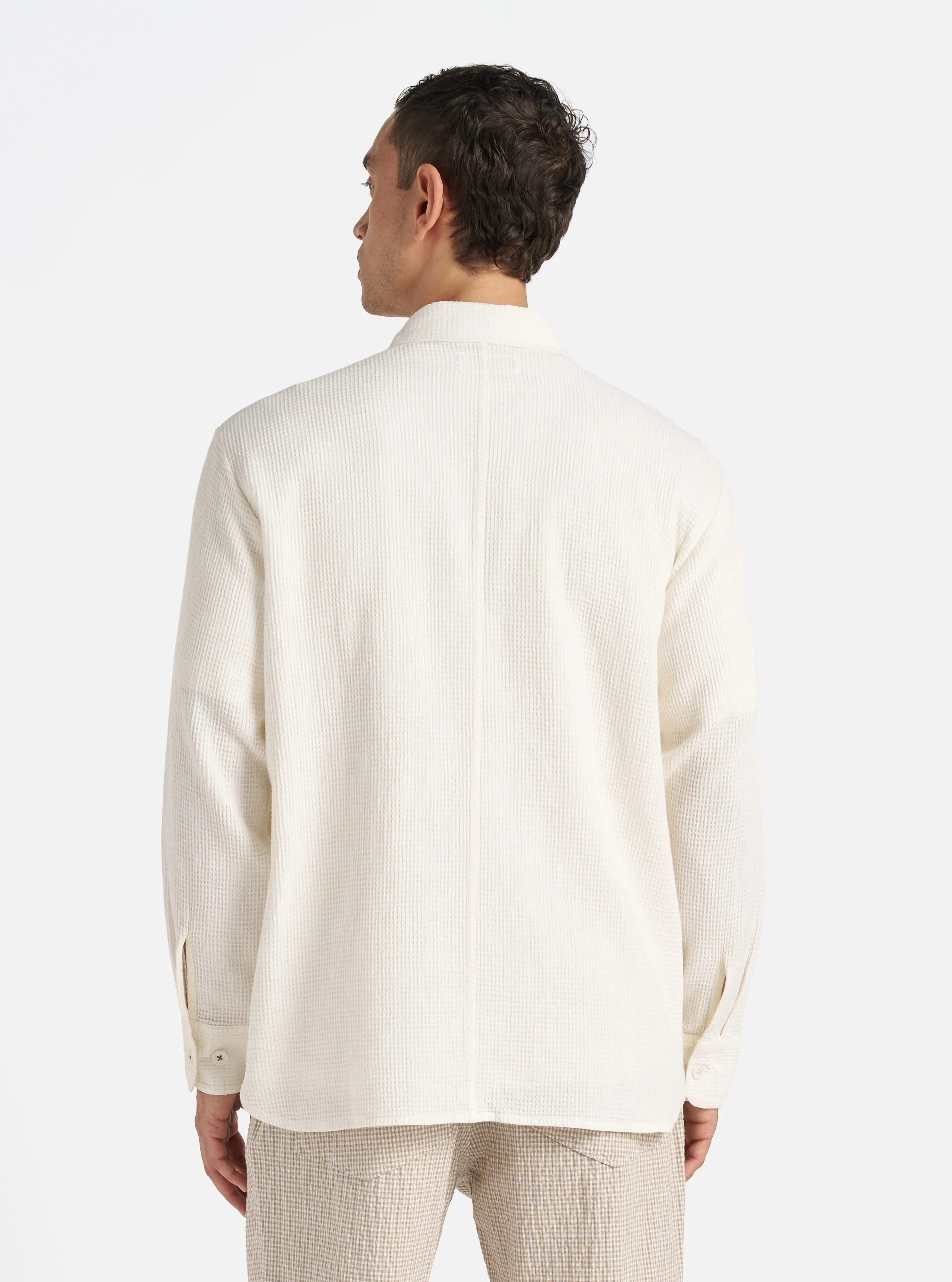 Universal Works Travail Overshirt in Ecru Japanese Waffle