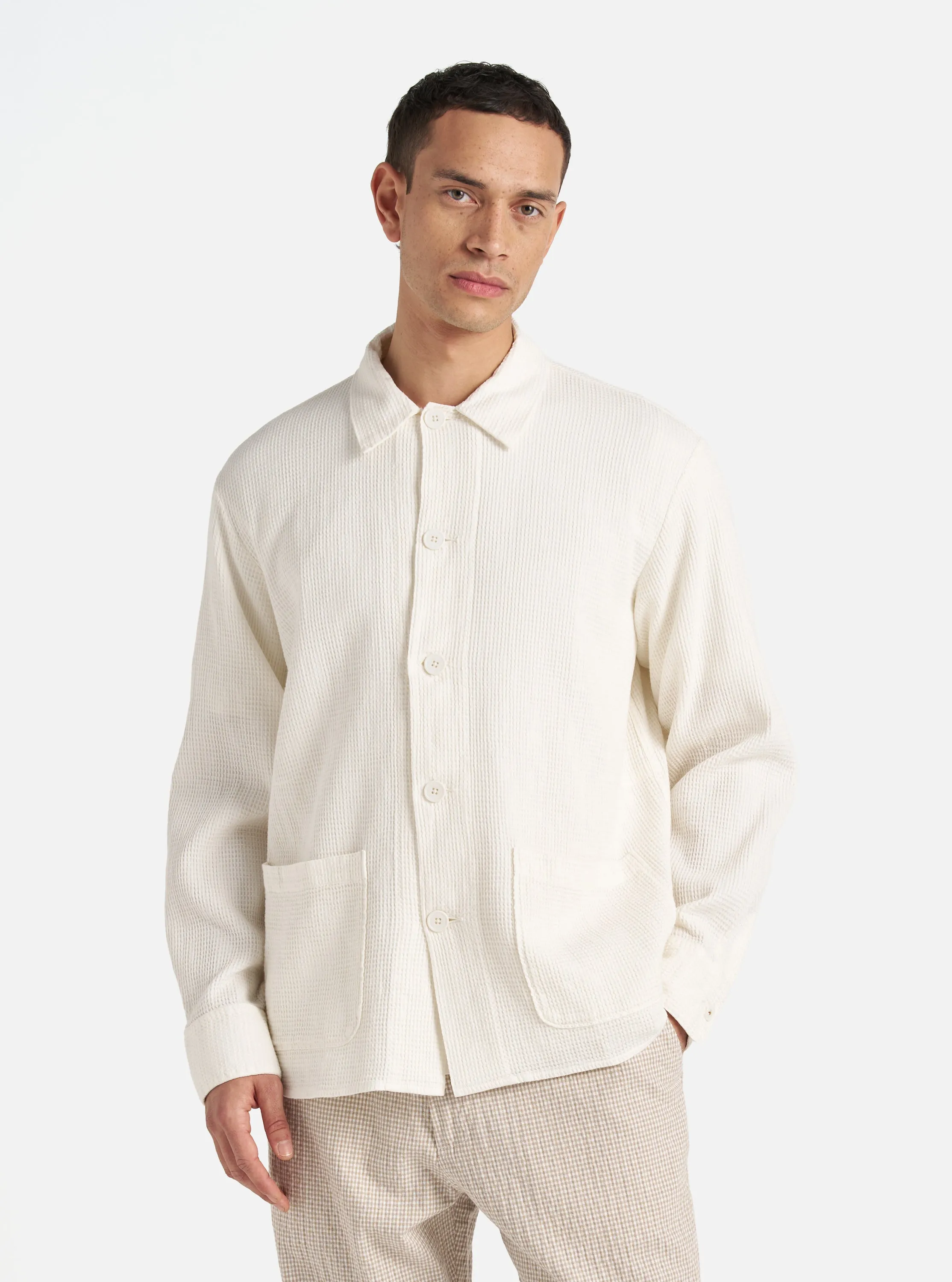 Universal Works Travail Overshirt in Ecru Japanese Waffle