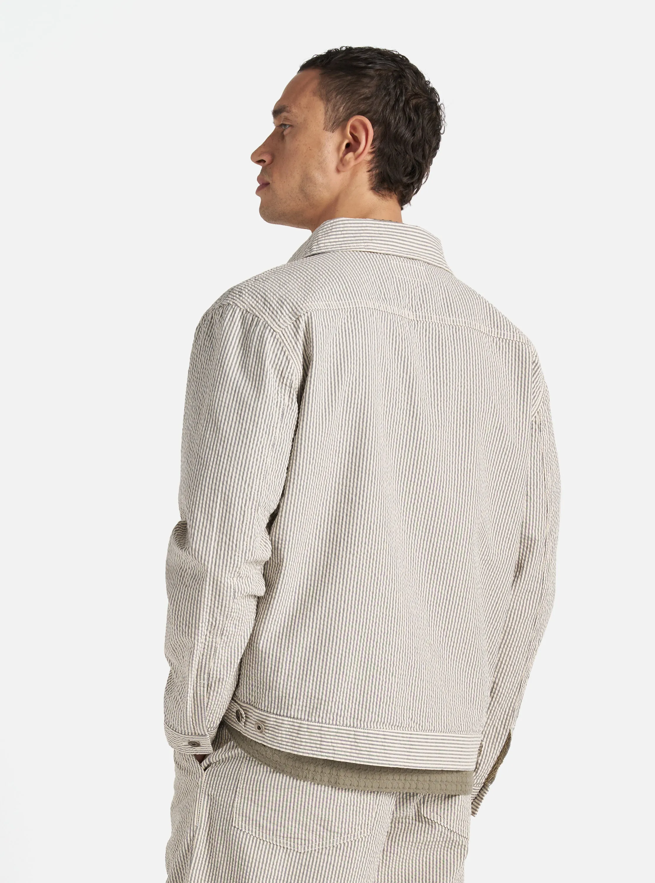 Universal Works Trucker Jacket in Grey Derby Stripe