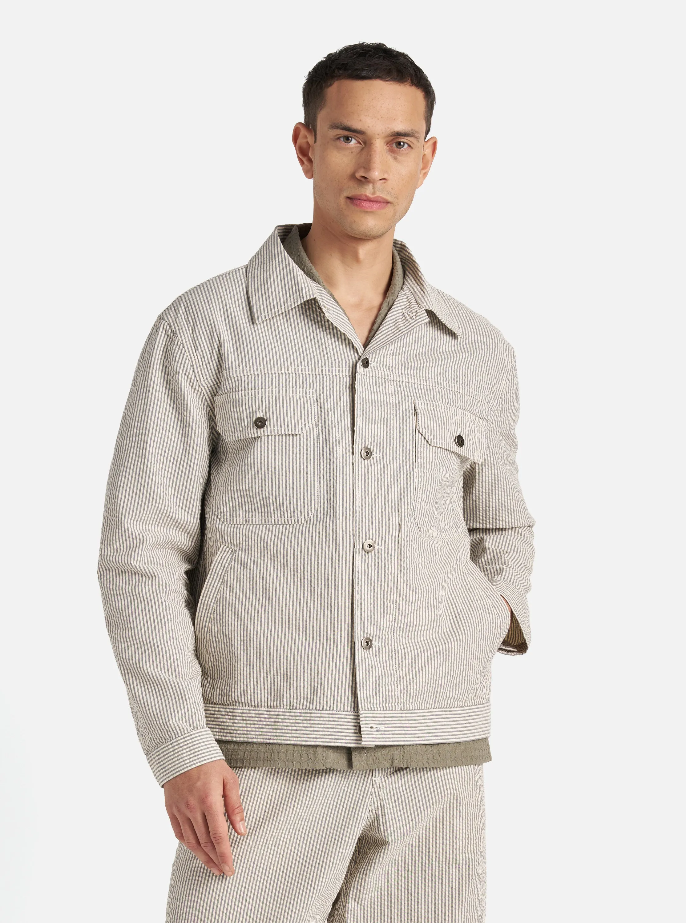 Universal Works Trucker Jacket in Grey Derby Stripe