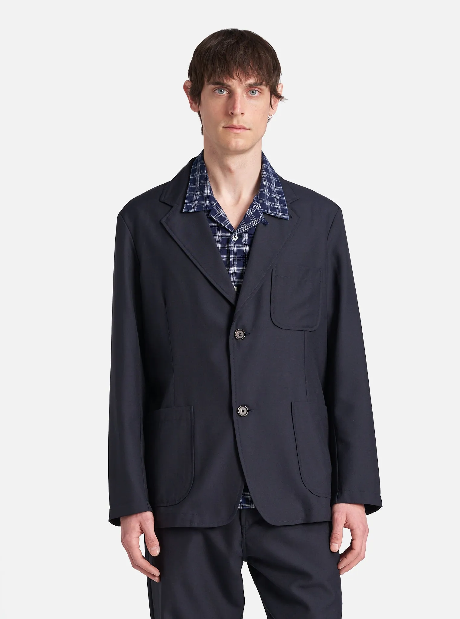 Universal Works Two Button Jacket in Navy Tropical Suiting