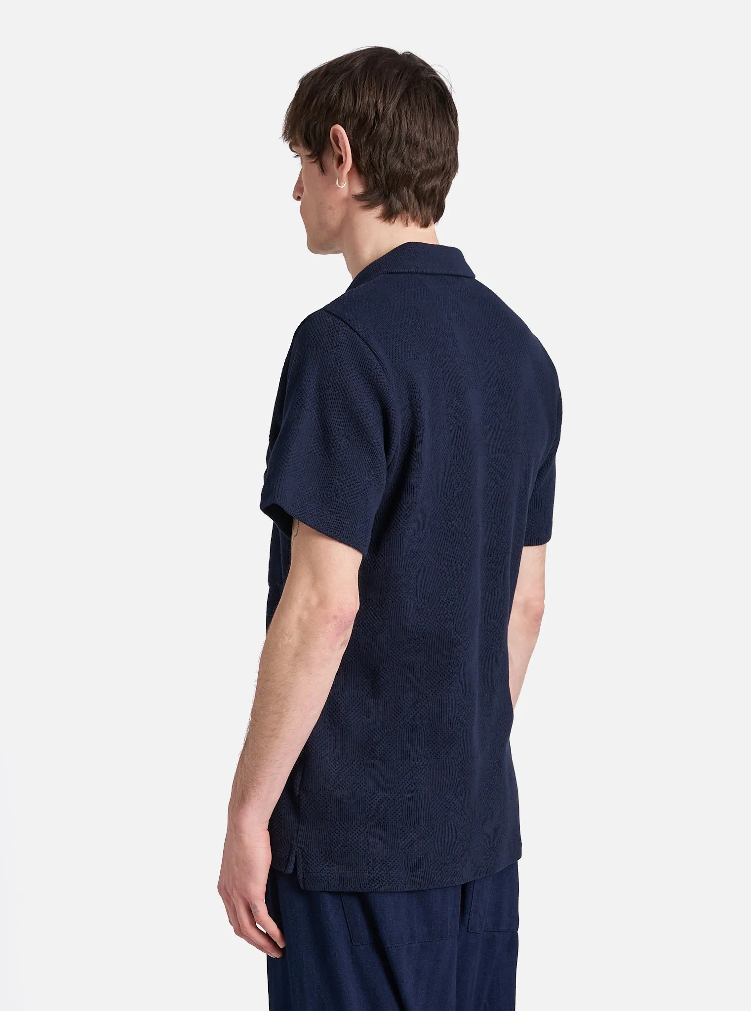 Universal Works Vacation Polo in Bright Navy Fantasy Checkerboard