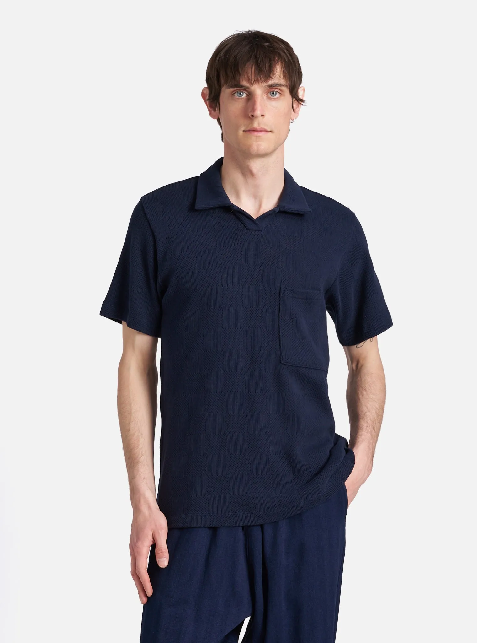 Universal Works Vacation Polo in Bright Navy Fantasy Checkerboard