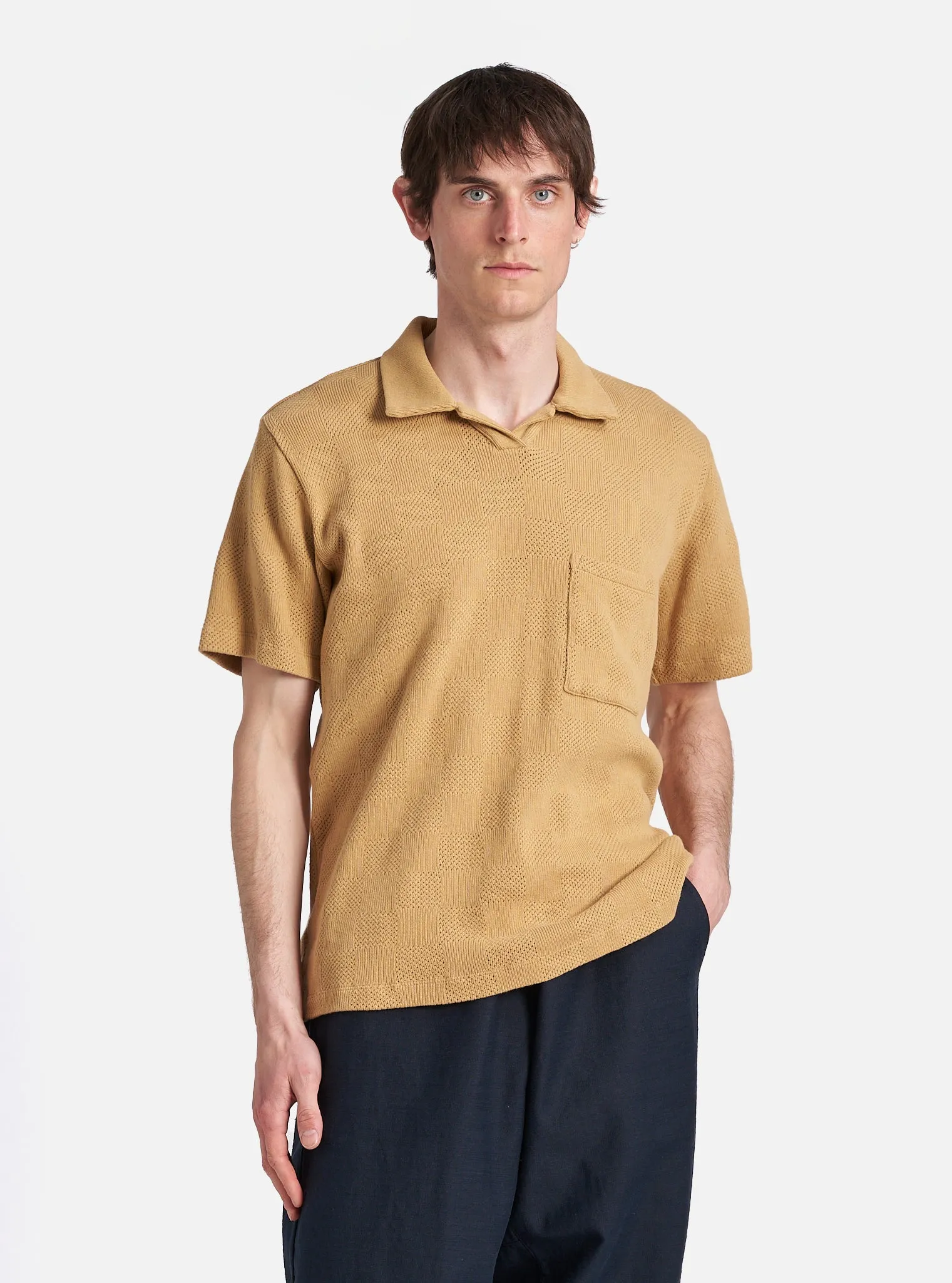 Universal Works Vacation Polo in Sand Fantasy Checkerboard