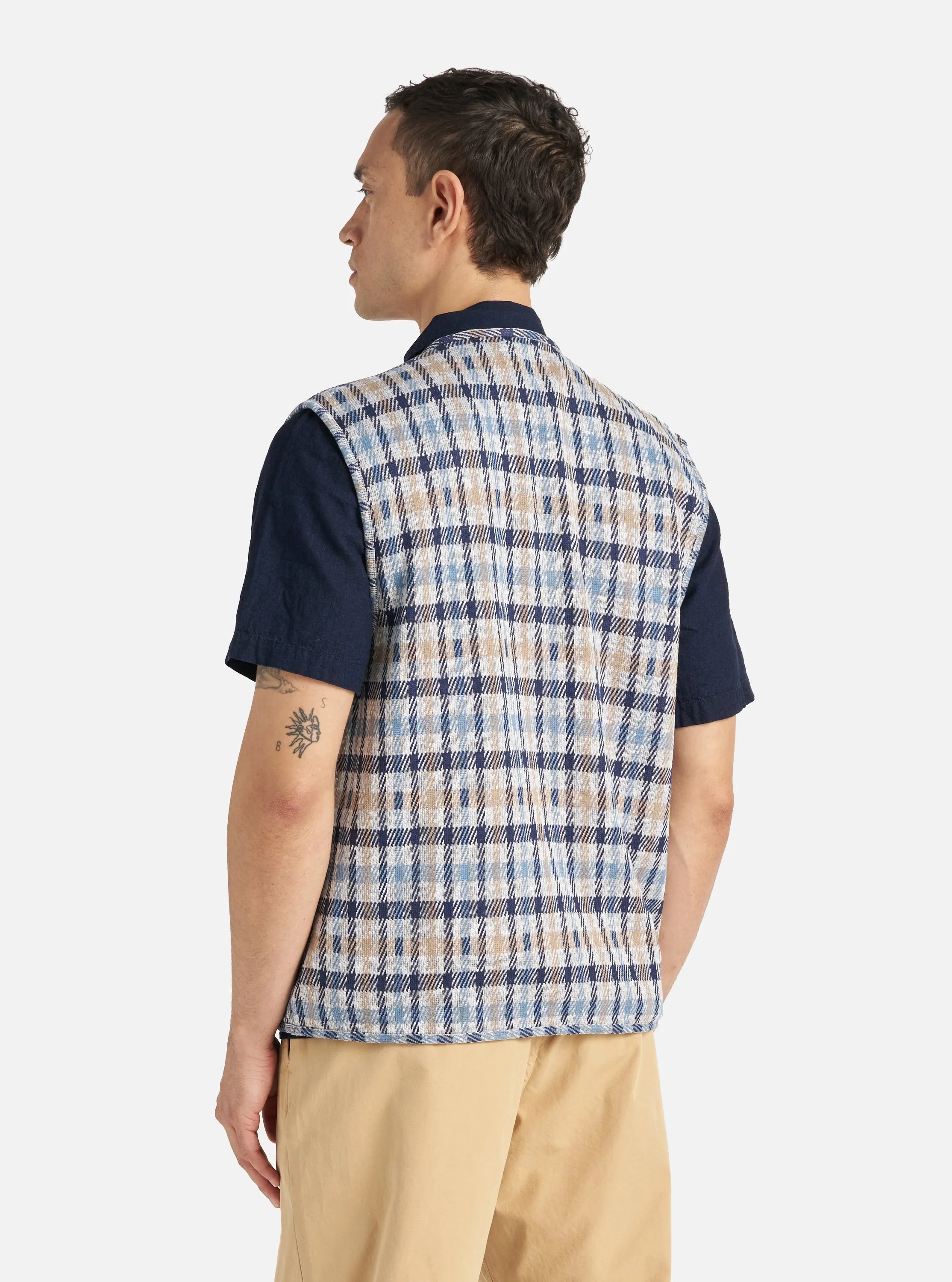 Universal Works Zip Gilet in Brown/Blue Summer Check