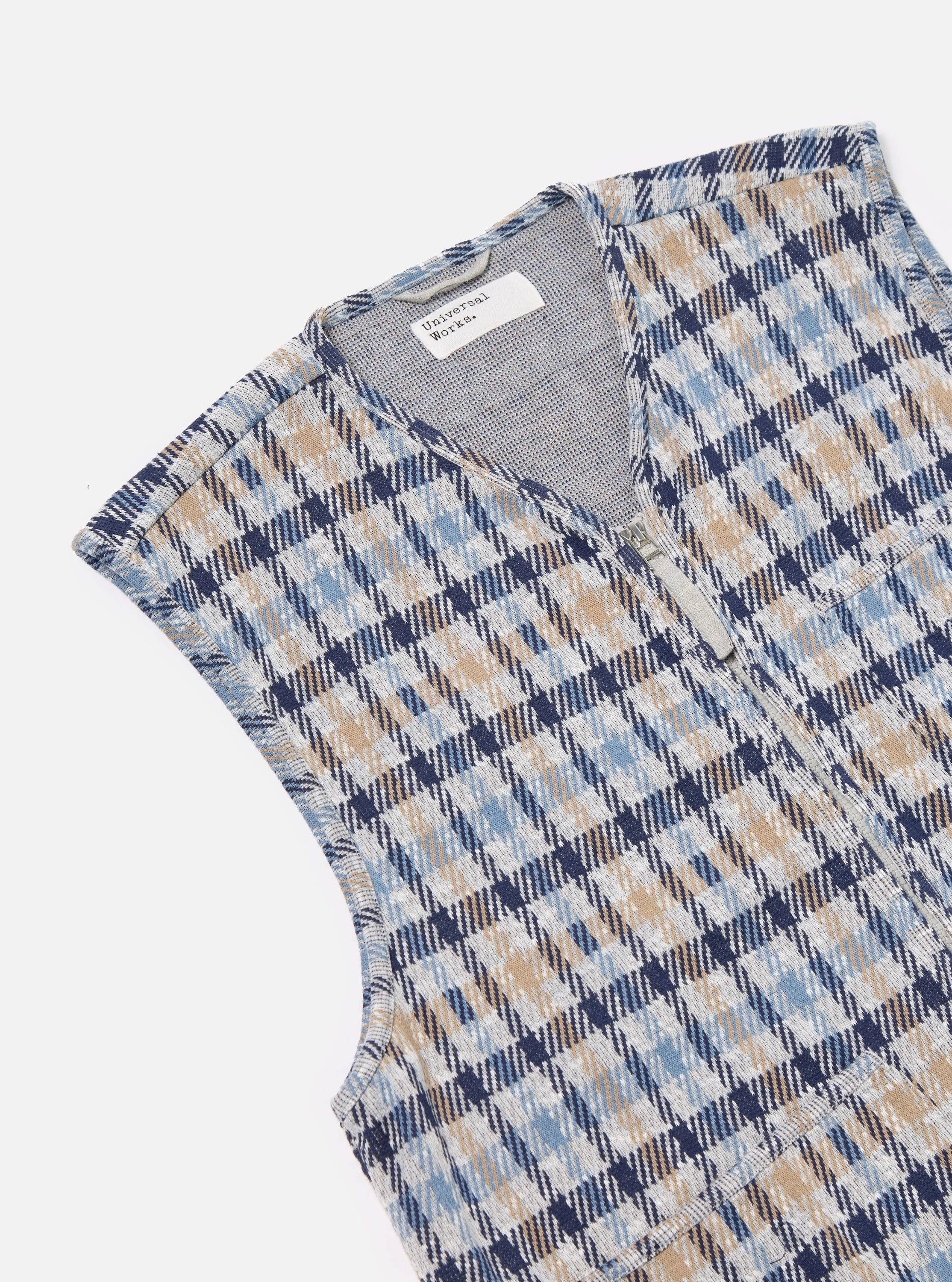 Universal Works Zip Gilet in Brown/Blue Summer Check