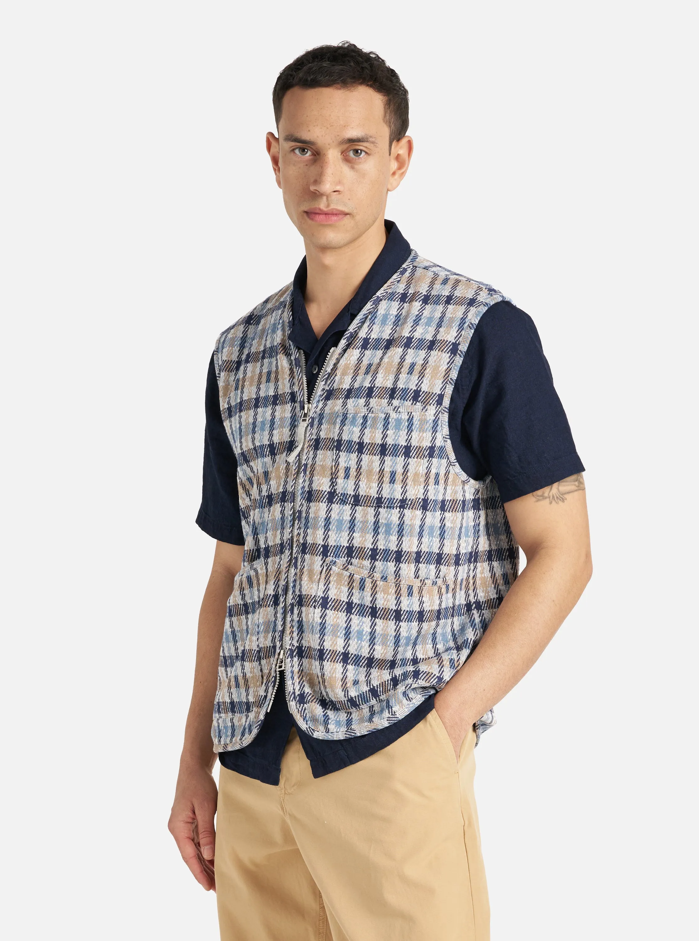 Universal Works Zip Gilet in Brown/Blue Summer Check