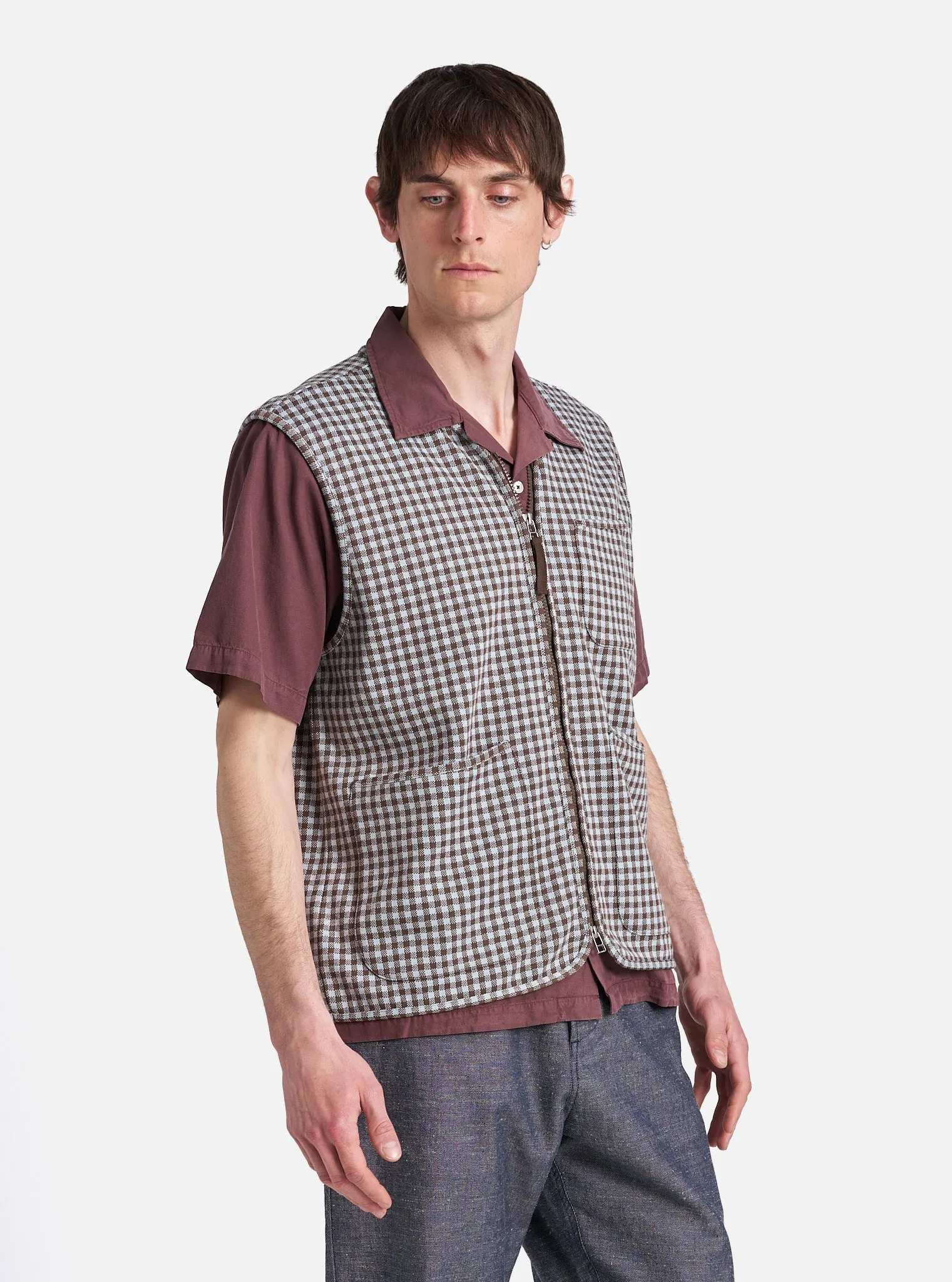 Universal Works Zip Gilet in Brown/Sky Gingham Cotton