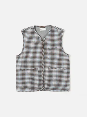 Universal Works Zip Gilet in Brown/Sky Gingham Cotton