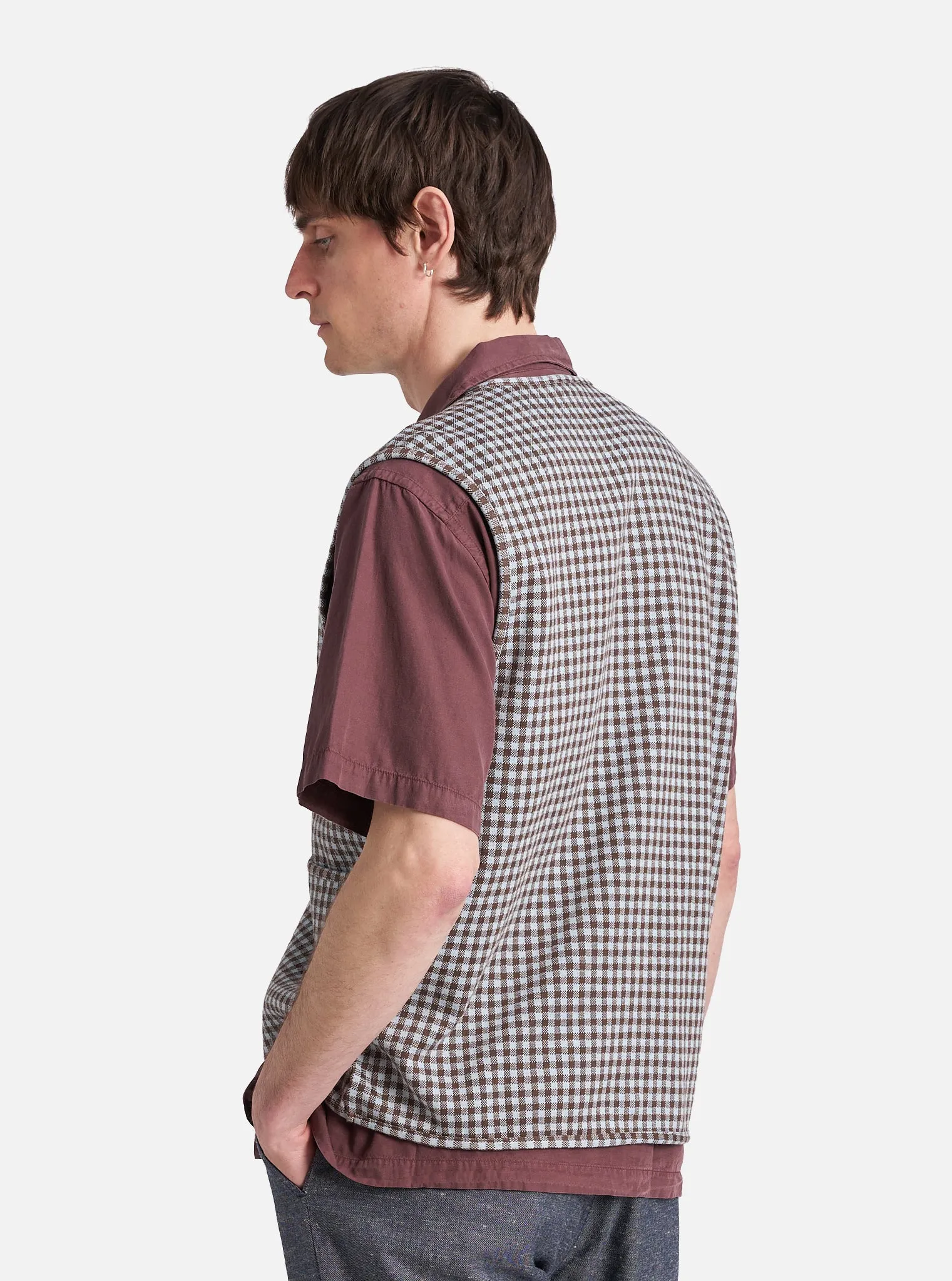 Universal Works Zip Gilet in Brown/Sky Gingham Cotton