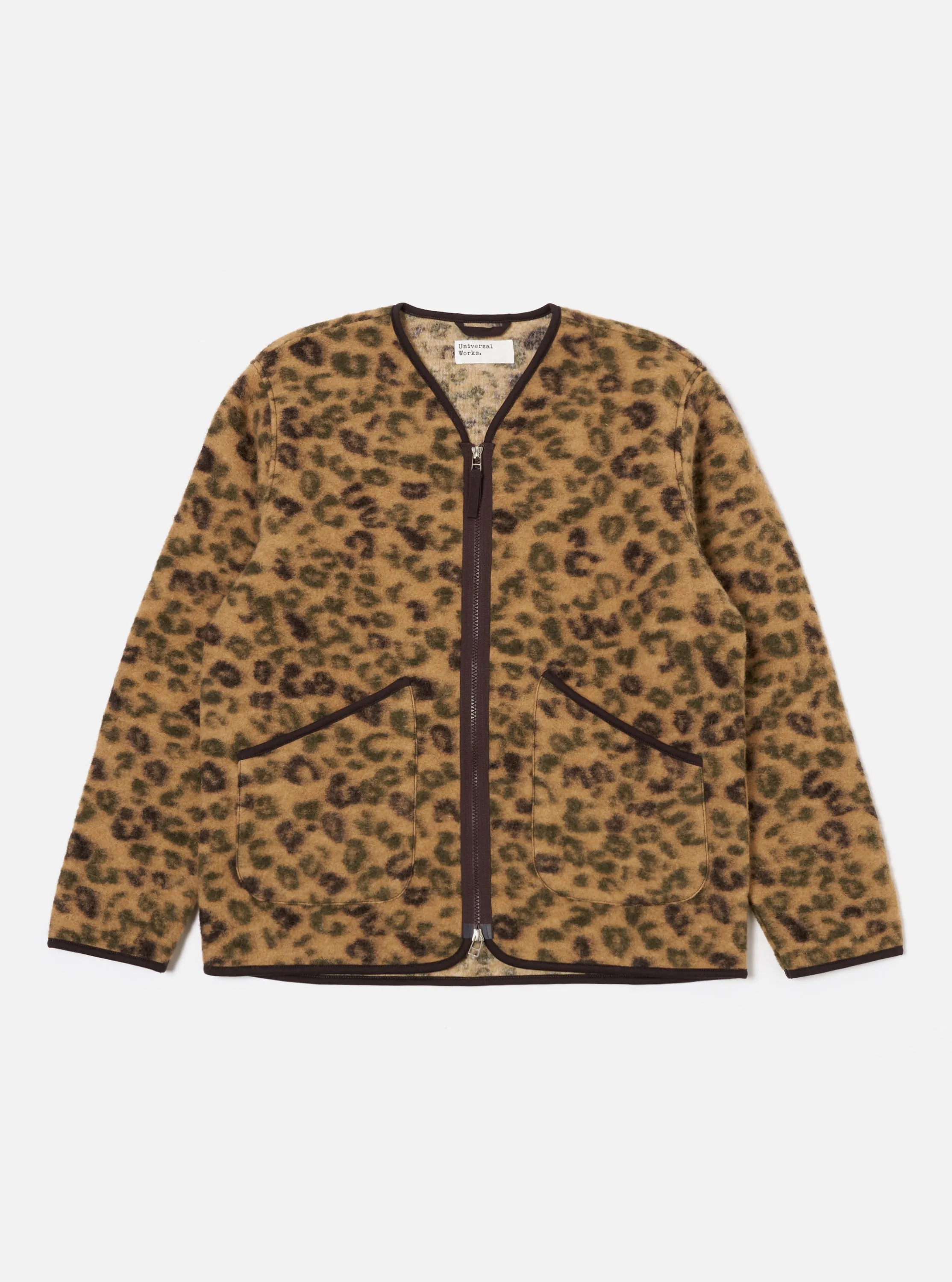 Universal Works Zip Liner Jacket in Camo Leopard Fleece